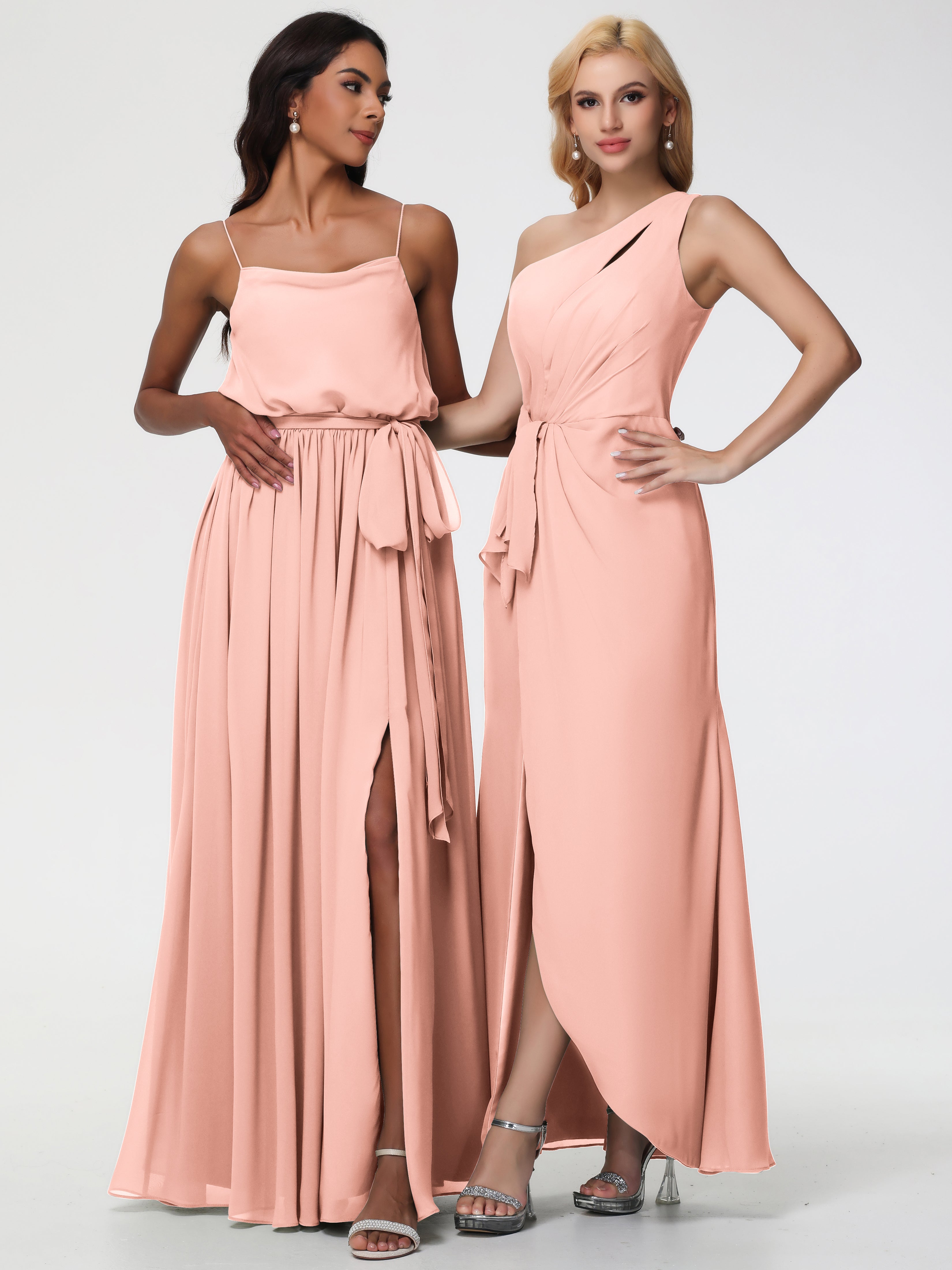 One Shoulder Sheath/Column Sleeveless Long Split Chiffon Bridesmaid Dresses