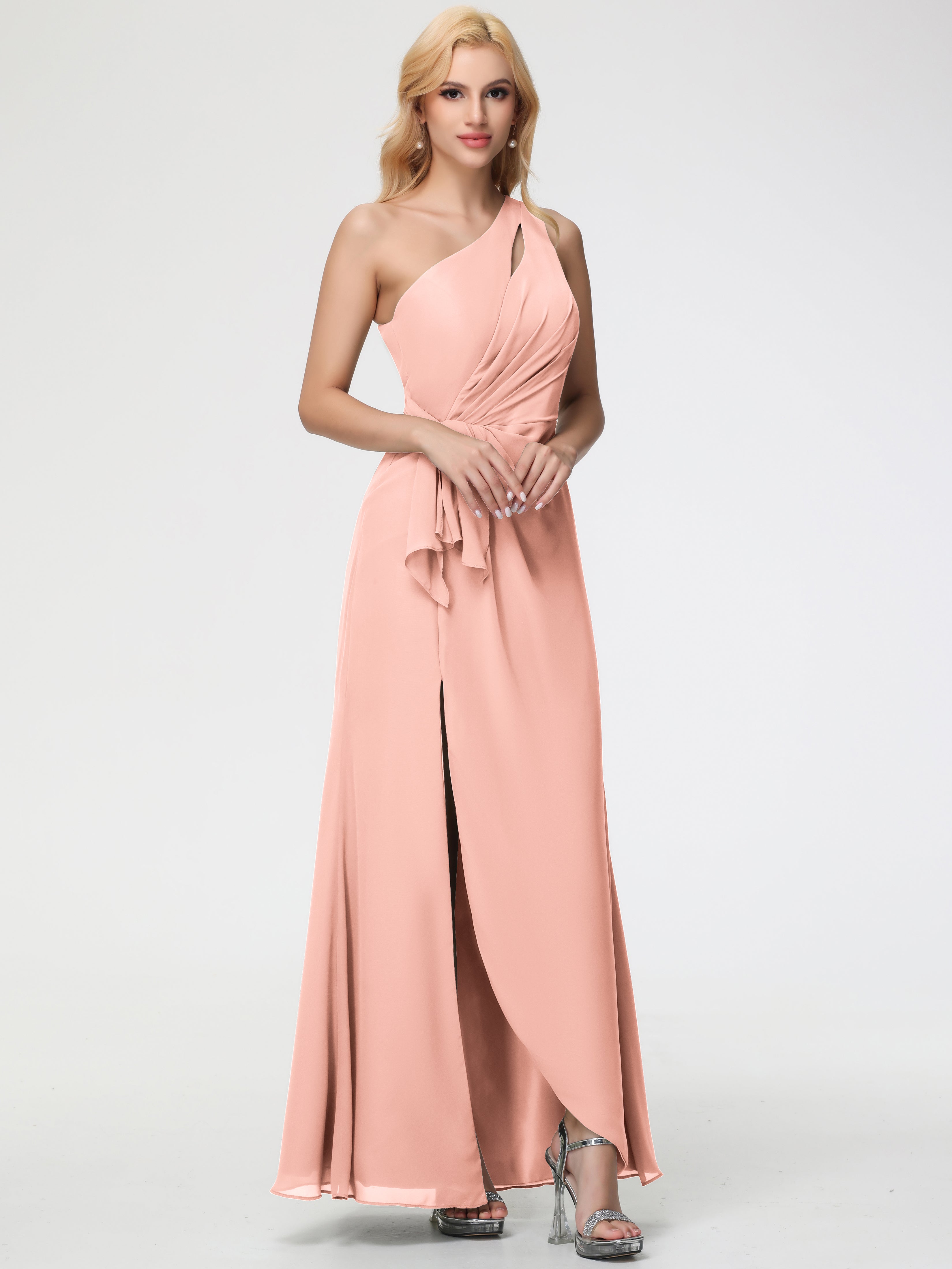 One Shoulder Sheath/Column Sleeveless Long Split Chiffon Bridesmaid Dresses
