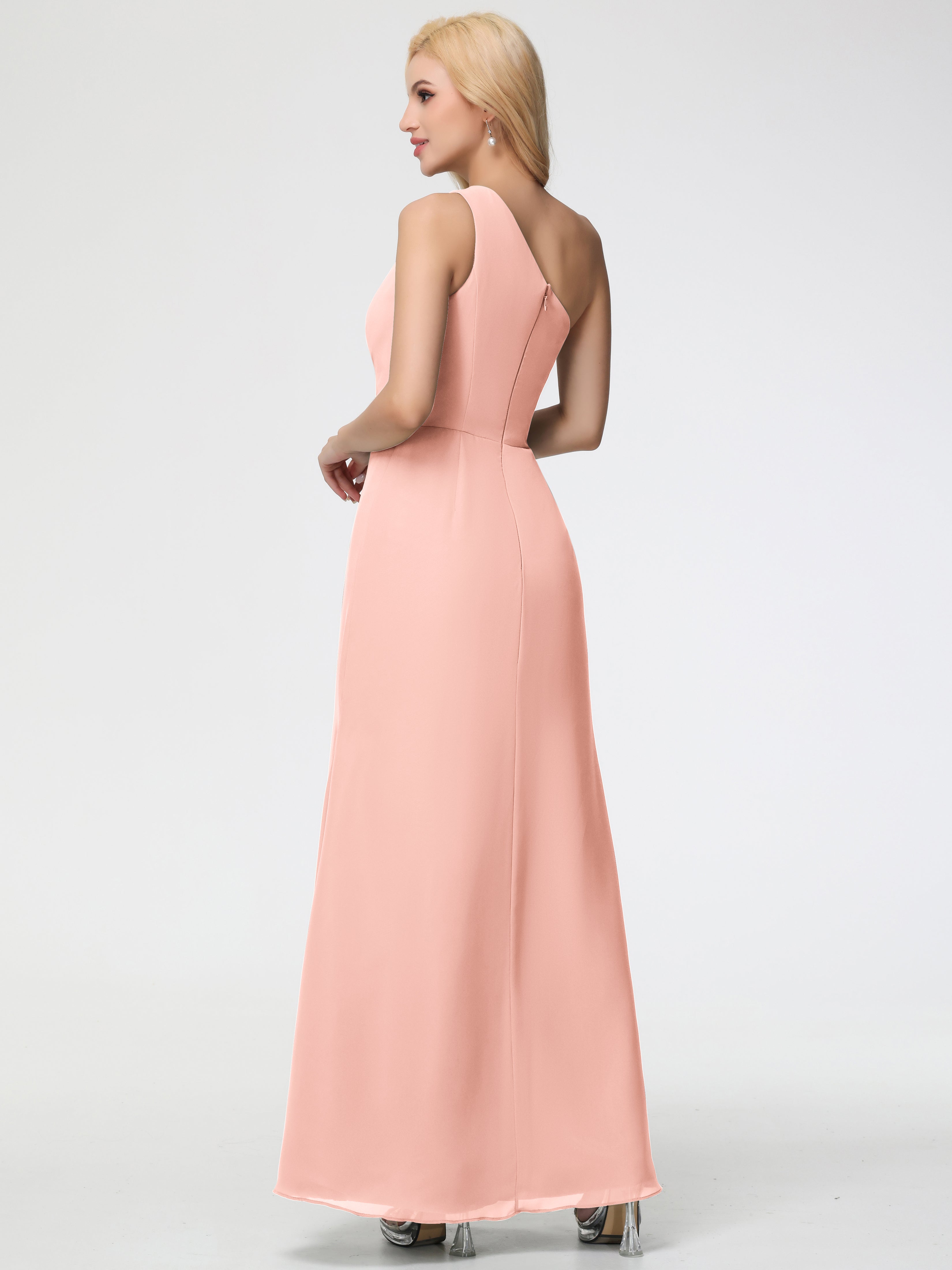 One Shoulder Sheath/Column Sleeveless Long Split Chiffon Bridesmaid Dresses
