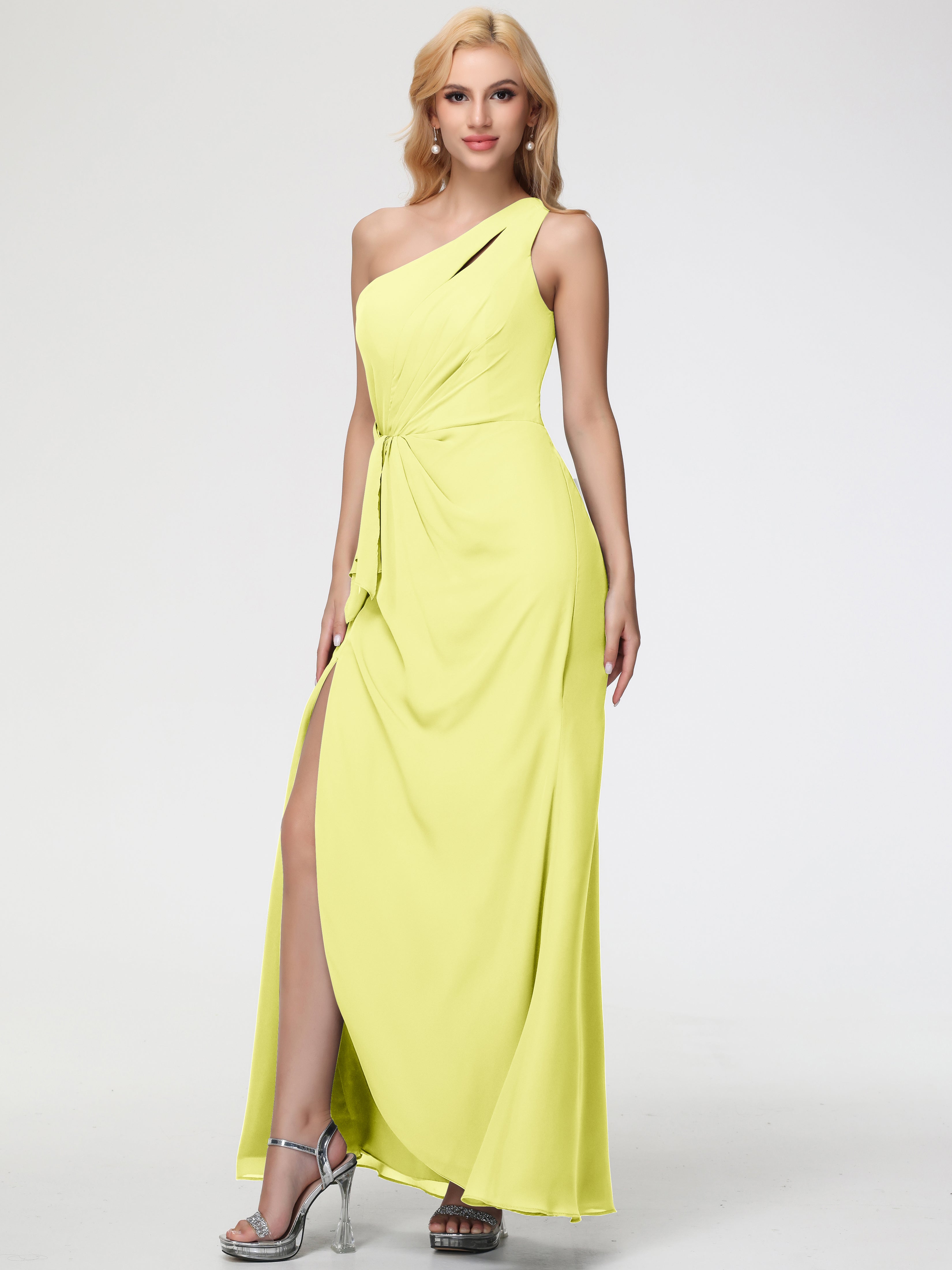 One Shoulder Sheath/Column Sleeveless Long Split Chiffon Bridesmaid Dresses