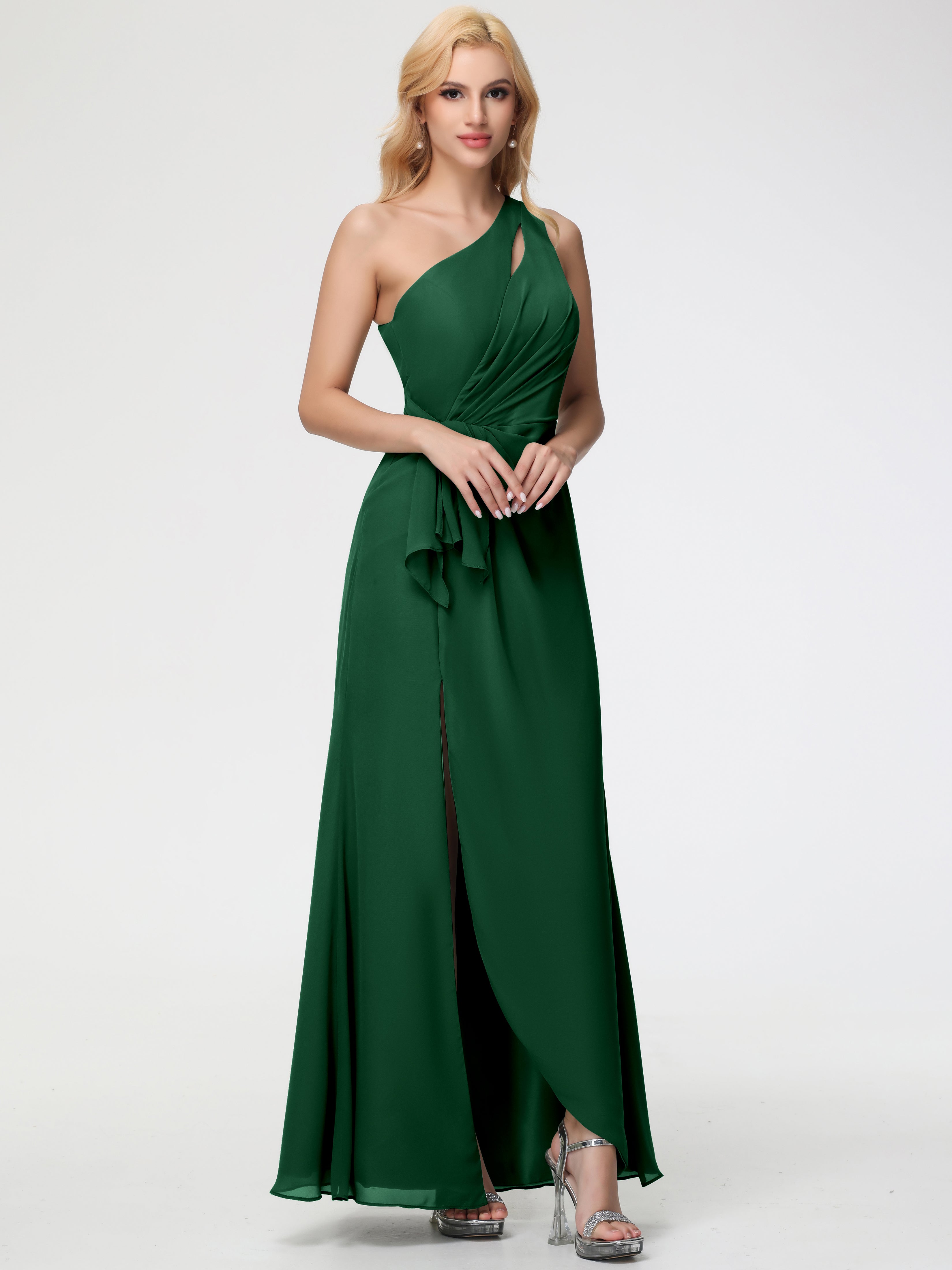 One Shoulder Sheath/Column Sleeveless Long Split Chiffon Bridesmaid Dresses