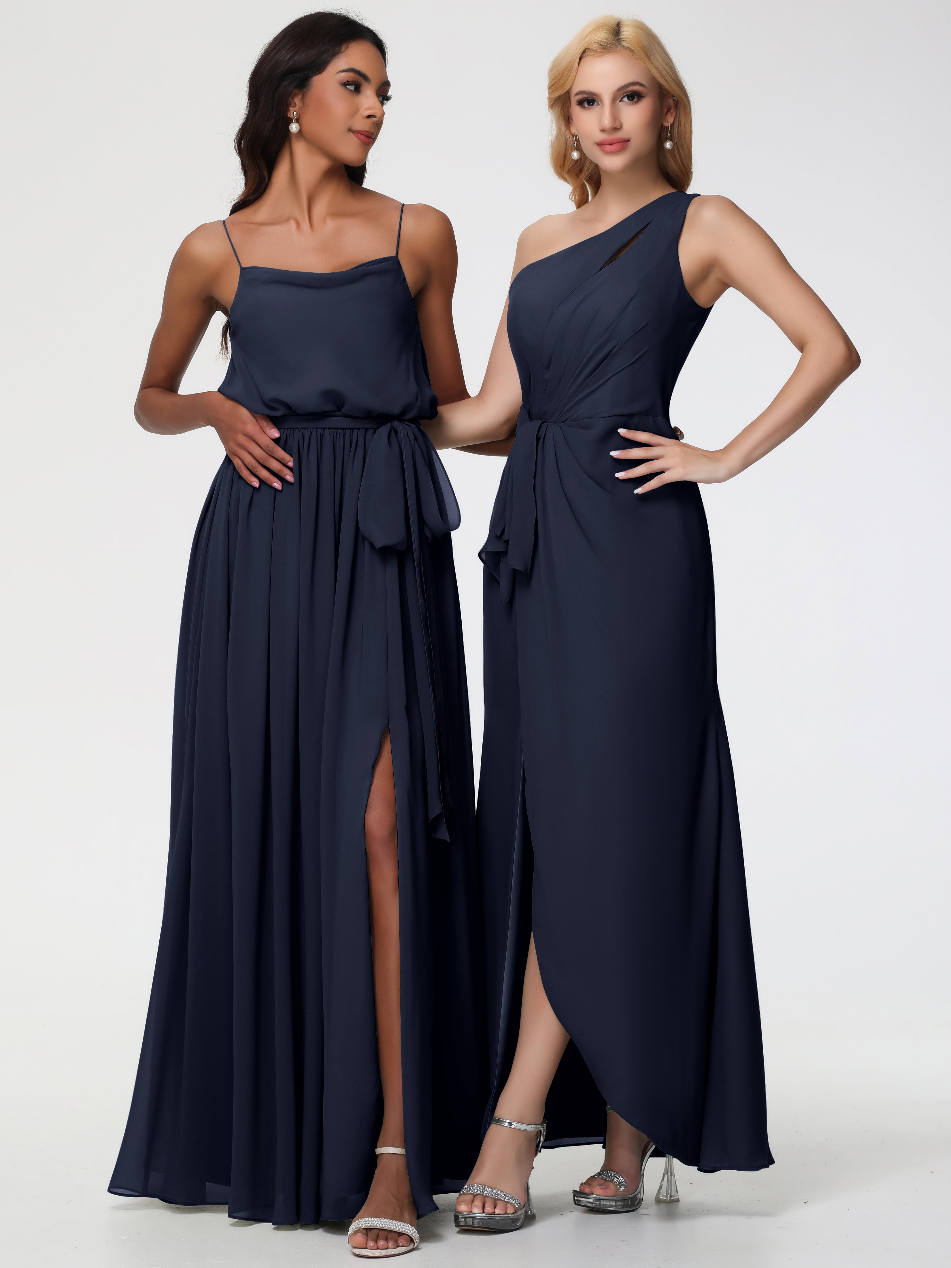 One Shoulder Sheath/Column Sleeveless Long Split Chiffon Bridesmaid Dresses