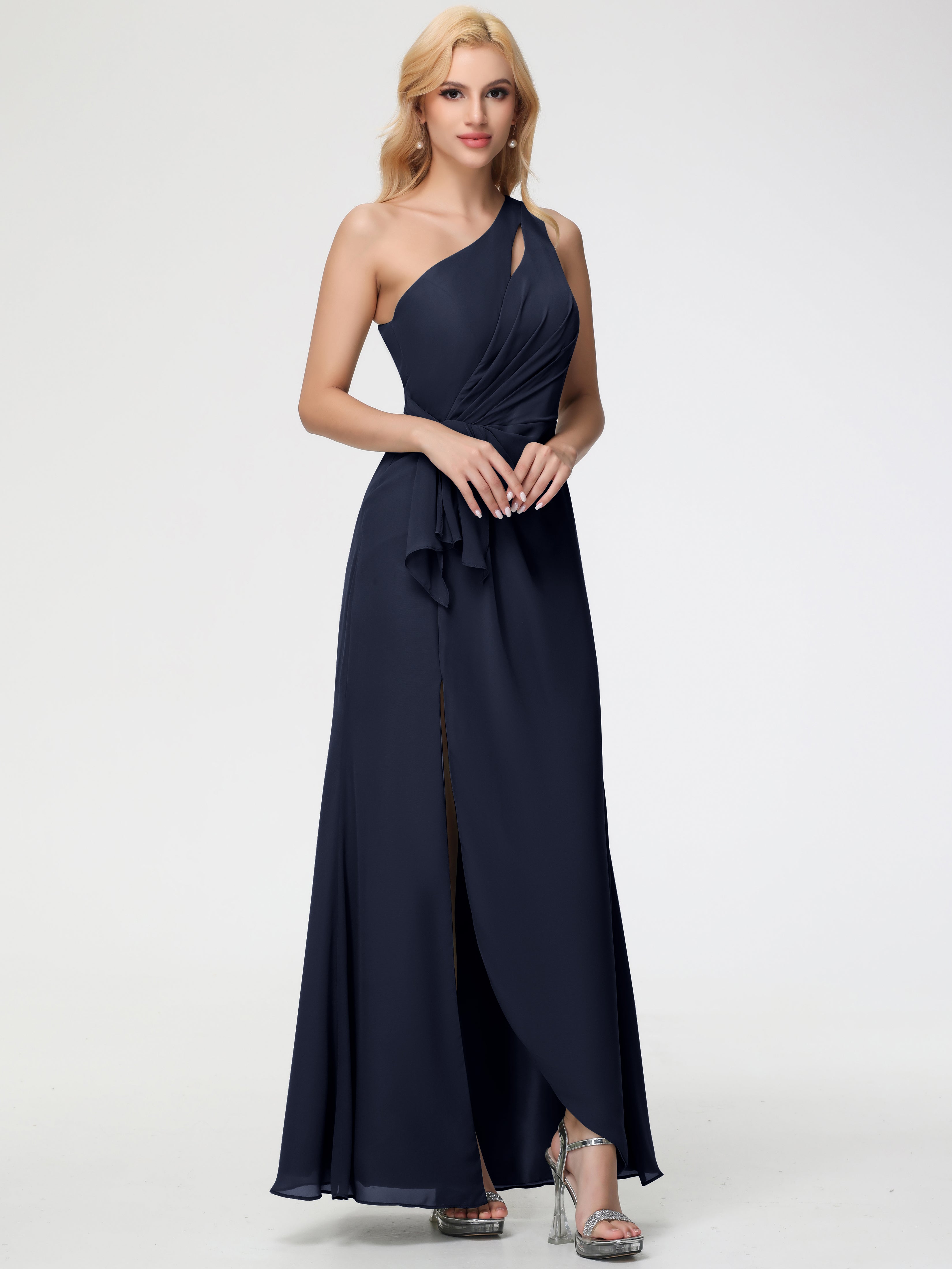 One Shoulder Sheath/Column Sleeveless Long Split Chiffon Bridesmaid Dresses