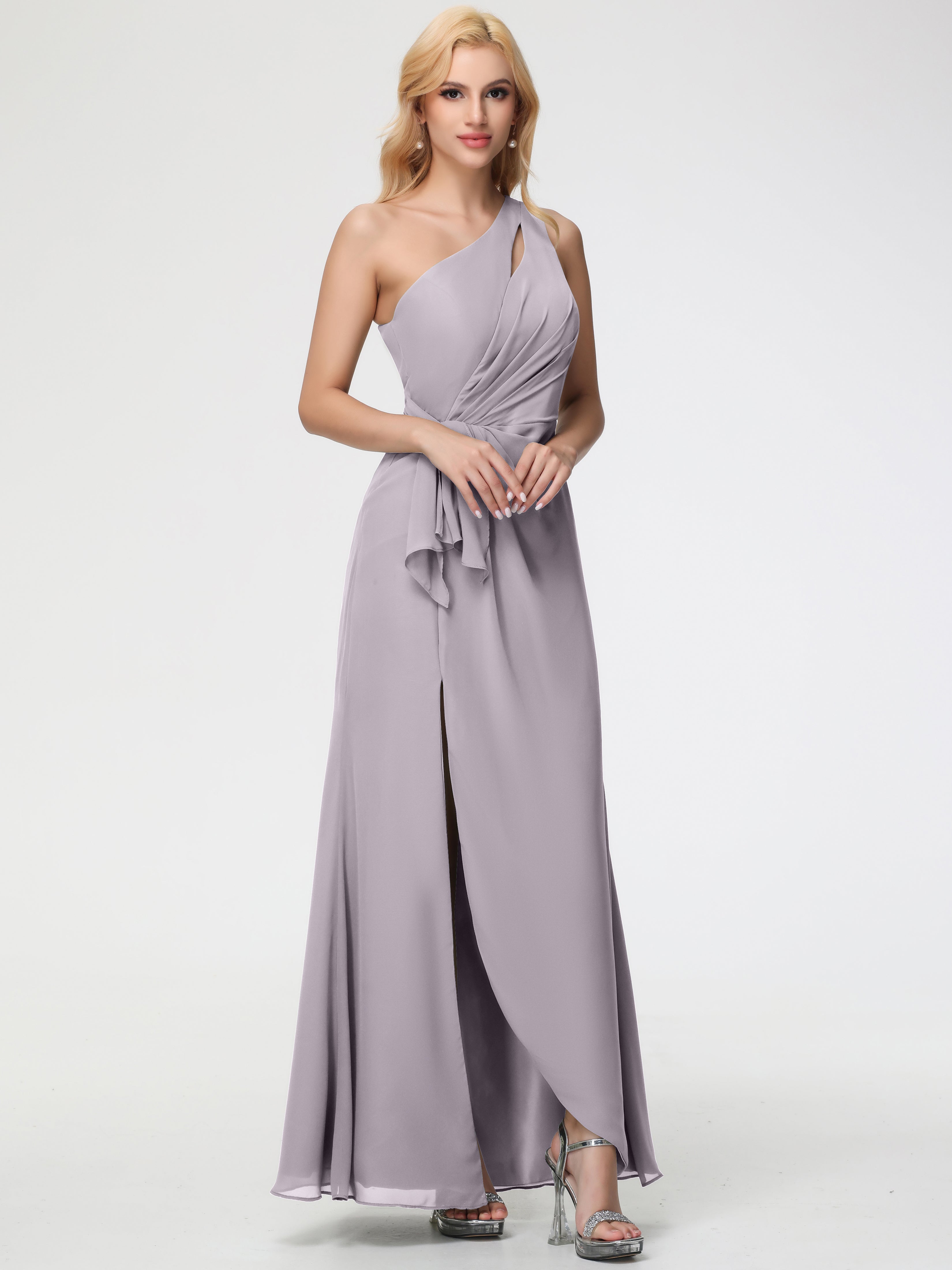 One Shoulder Sheath/Column Sleeveless Long Split Chiffon Bridesmaid Dresses