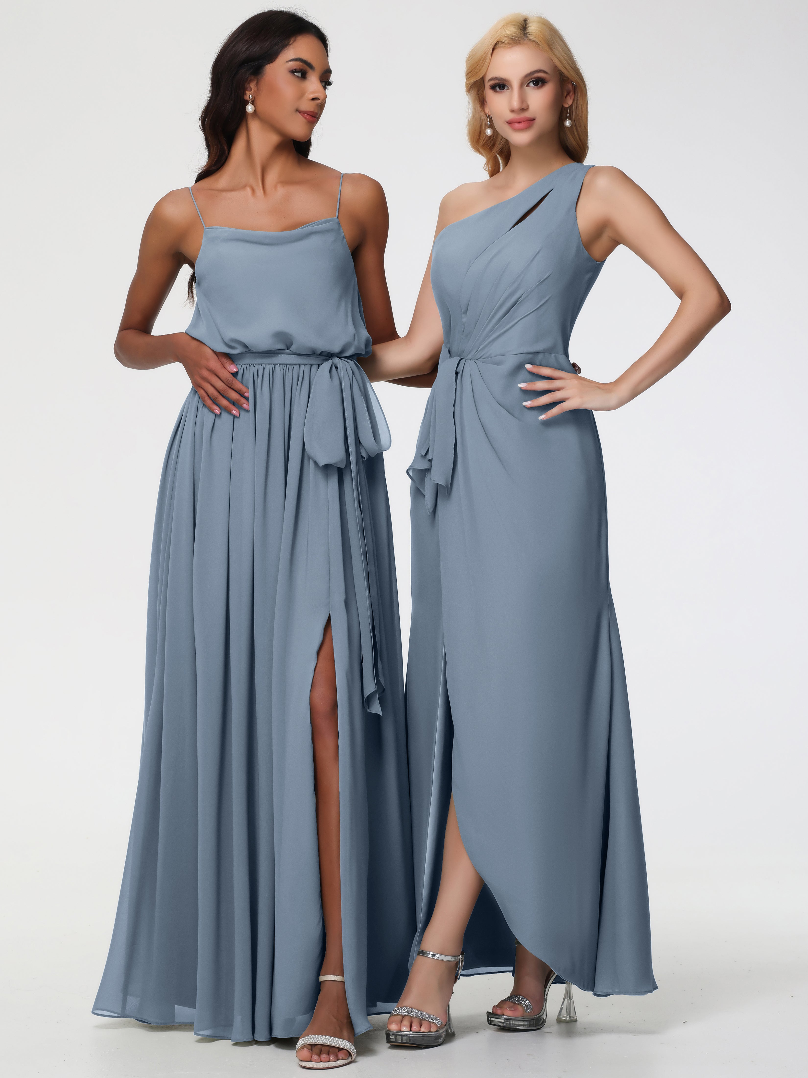 One Shoulder Sheath/Column Sleeveless Long Split Chiffon Bridesmaid Dresses