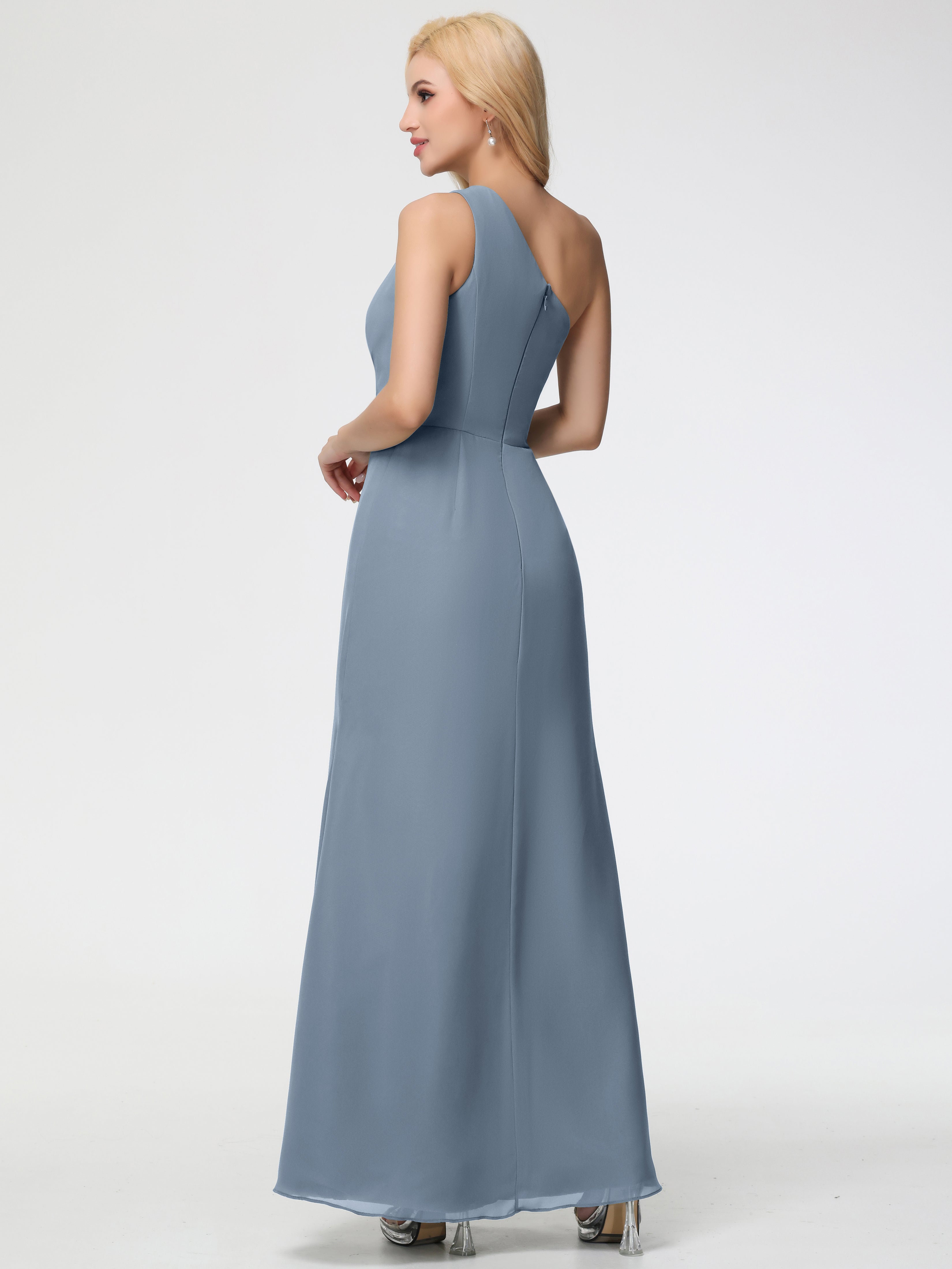 One Shoulder Sheath/Column Sleeveless Long Split Chiffon Bridesmaid Dresses