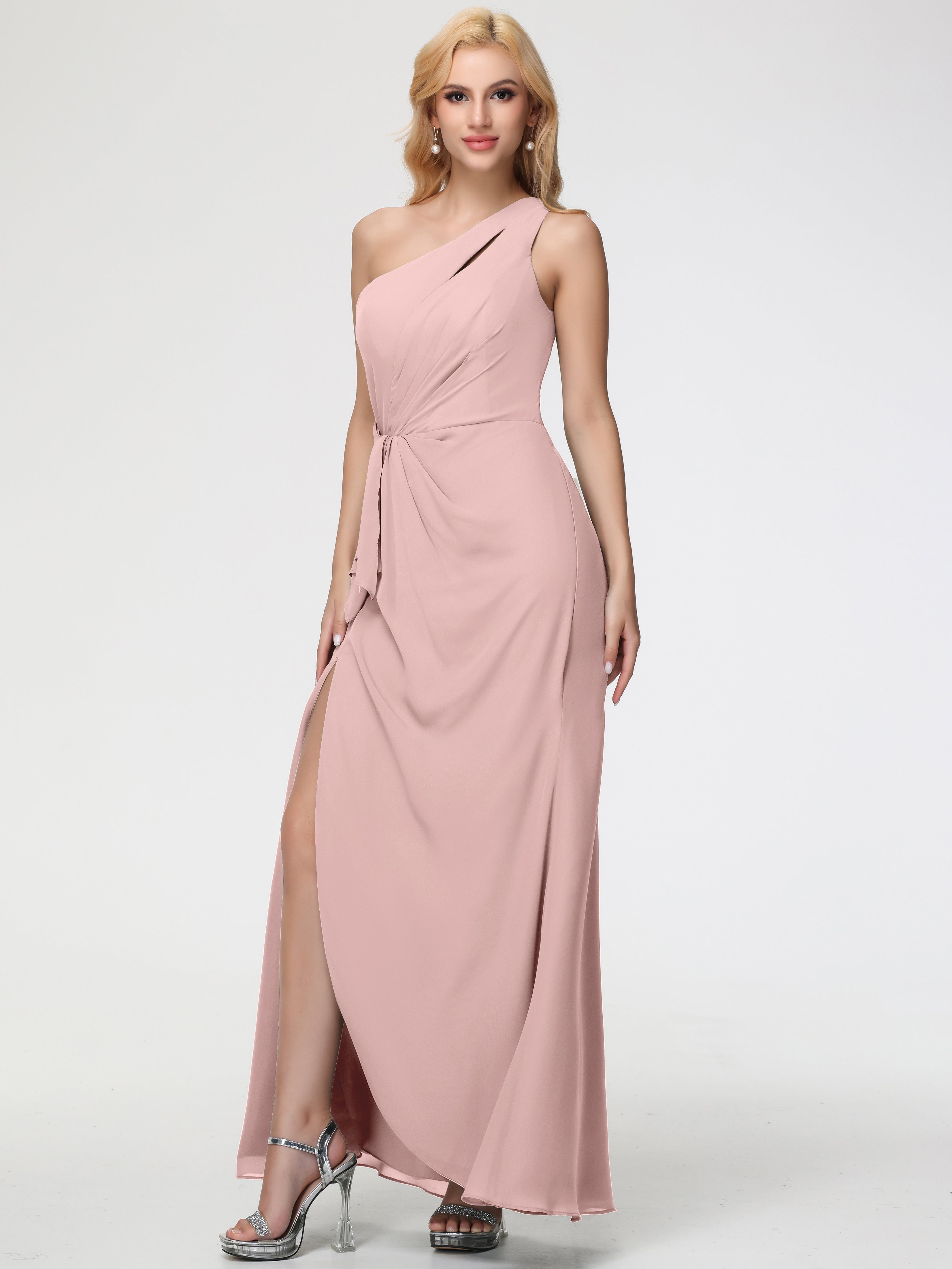 One Shoulder Sheath/Column Sleeveless Long Split Chiffon Bridesmaid Dresses