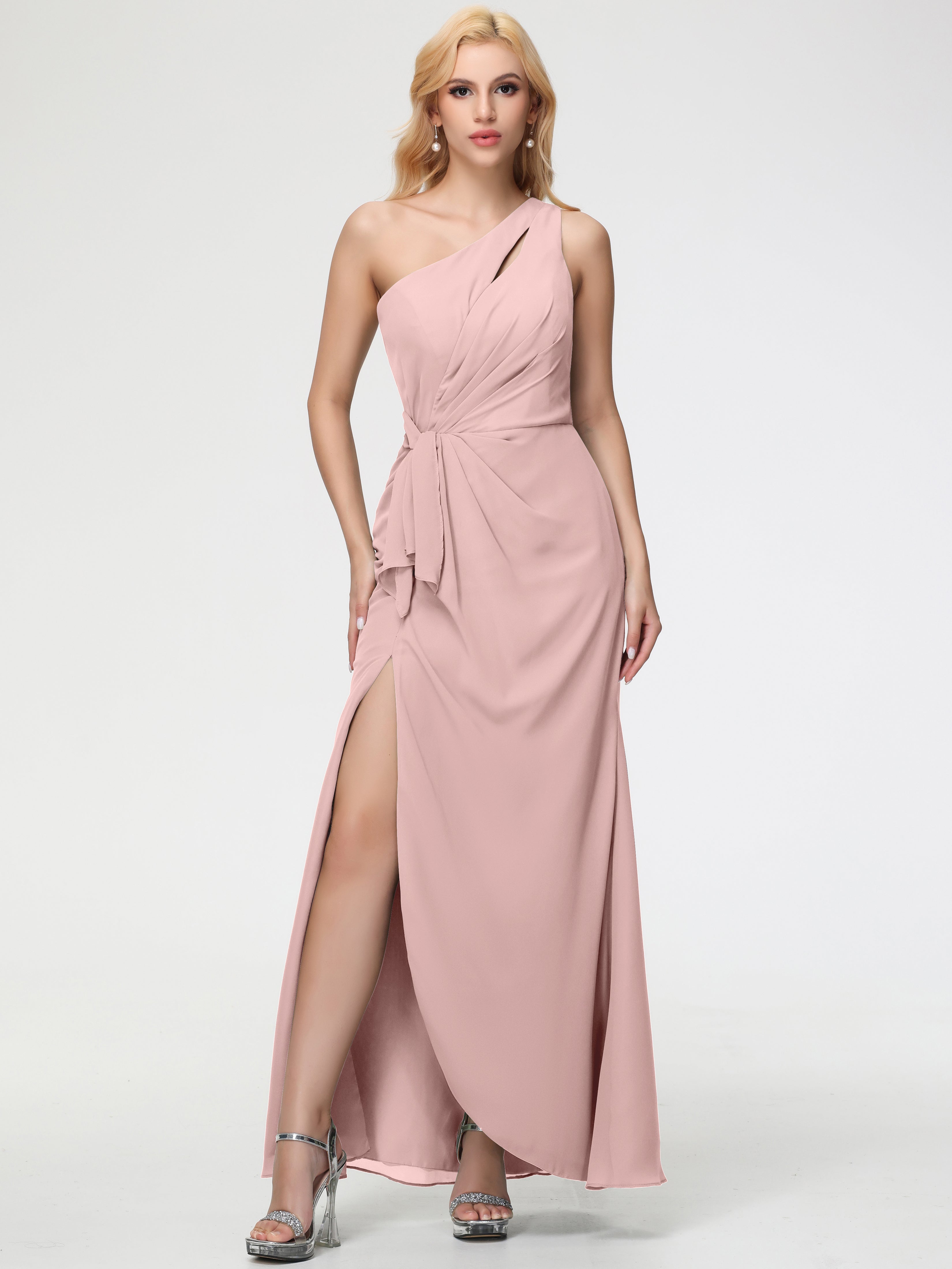 One Shoulder Sheath/Column Sleeveless Long Split Chiffon Bridesmaid Dresses