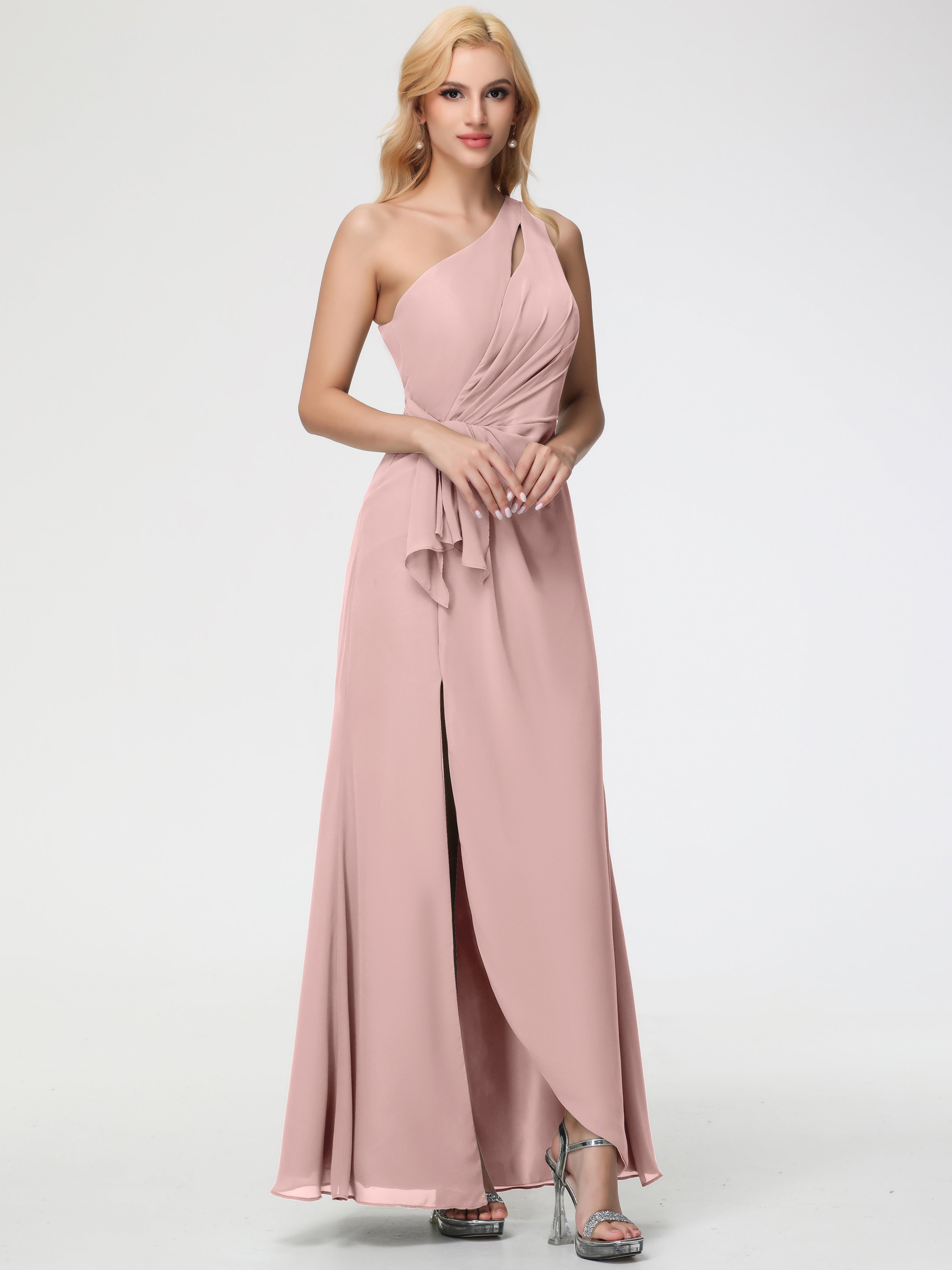 One Shoulder Sheath/Column Sleeveless Long Split Chiffon Bridesmaid Dresses