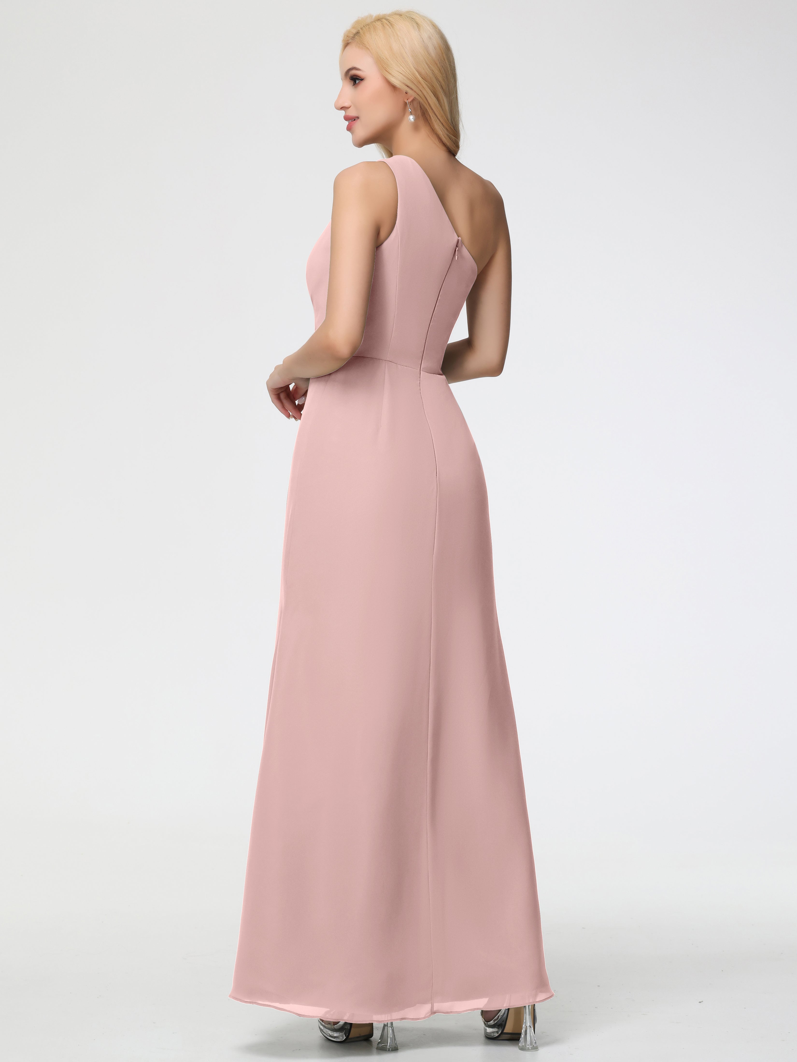 One Shoulder Sheath/Column Sleeveless Long Split Chiffon Bridesmaid Dresses