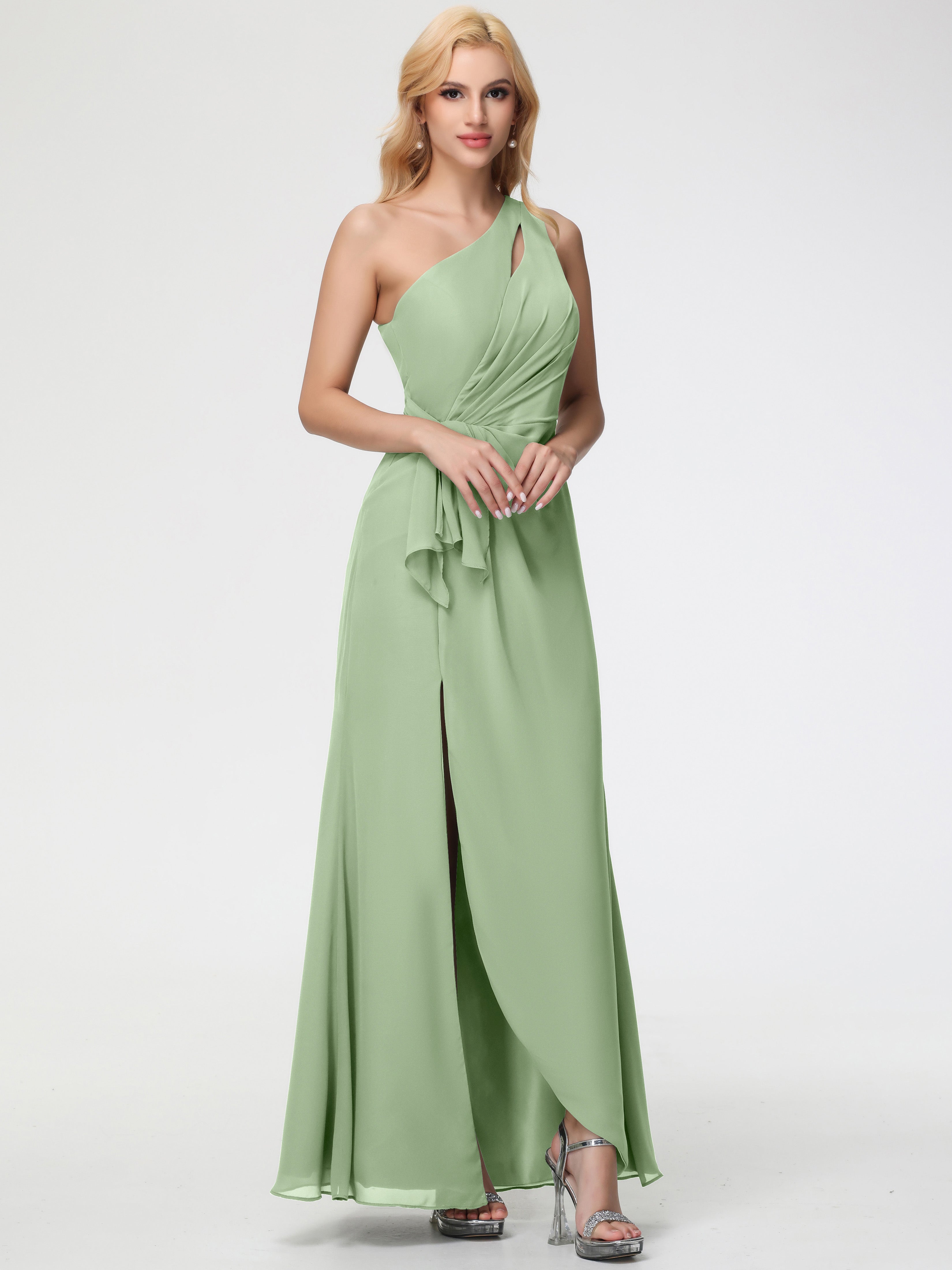 One Shoulder Sheath/Column Sleeveless Long Split Chiffon Bridesmaid Dresses