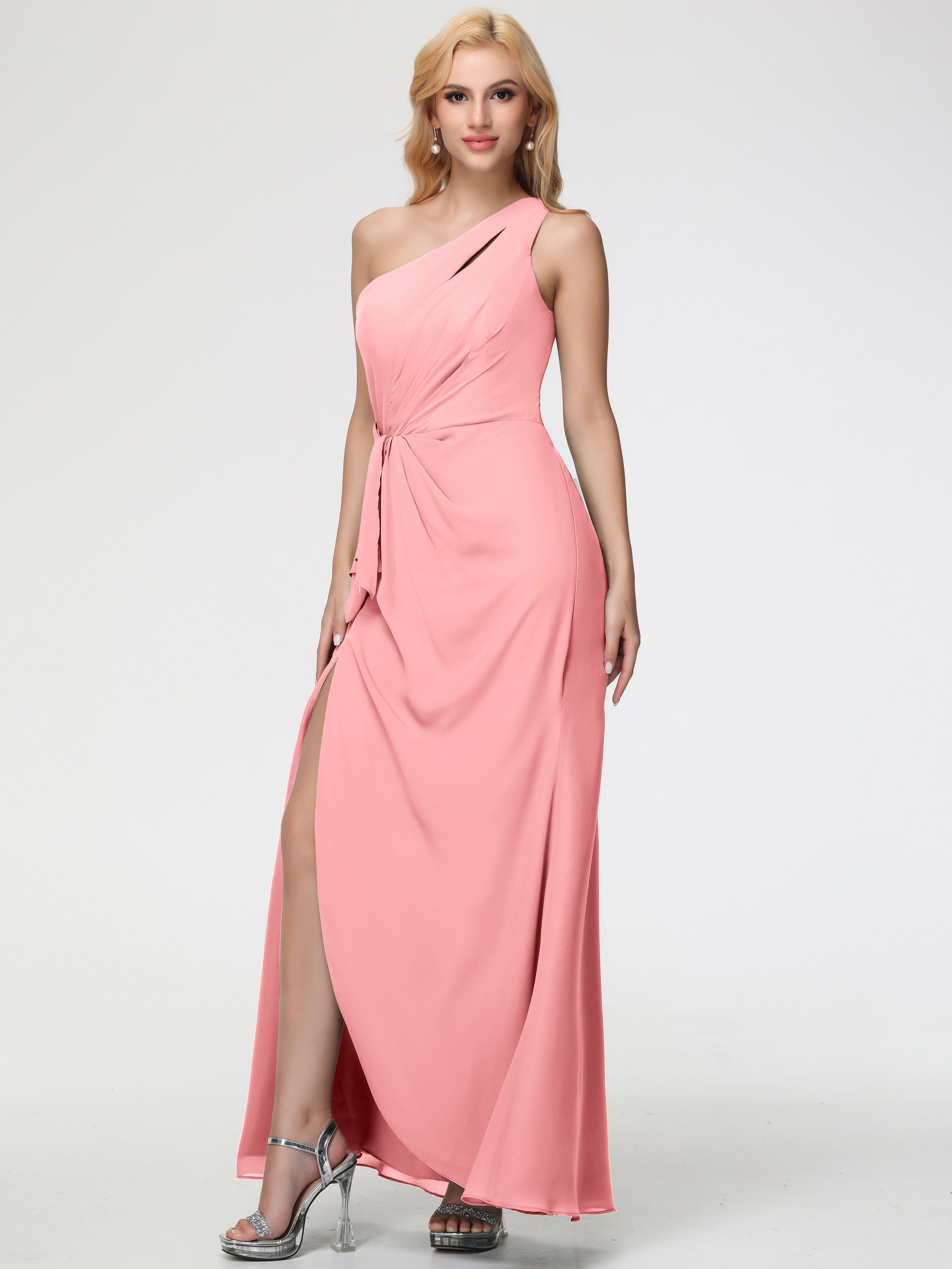 One Shoulder Sheath/Column Sleeveless Long Split Chiffon Bridesmaid Dresses