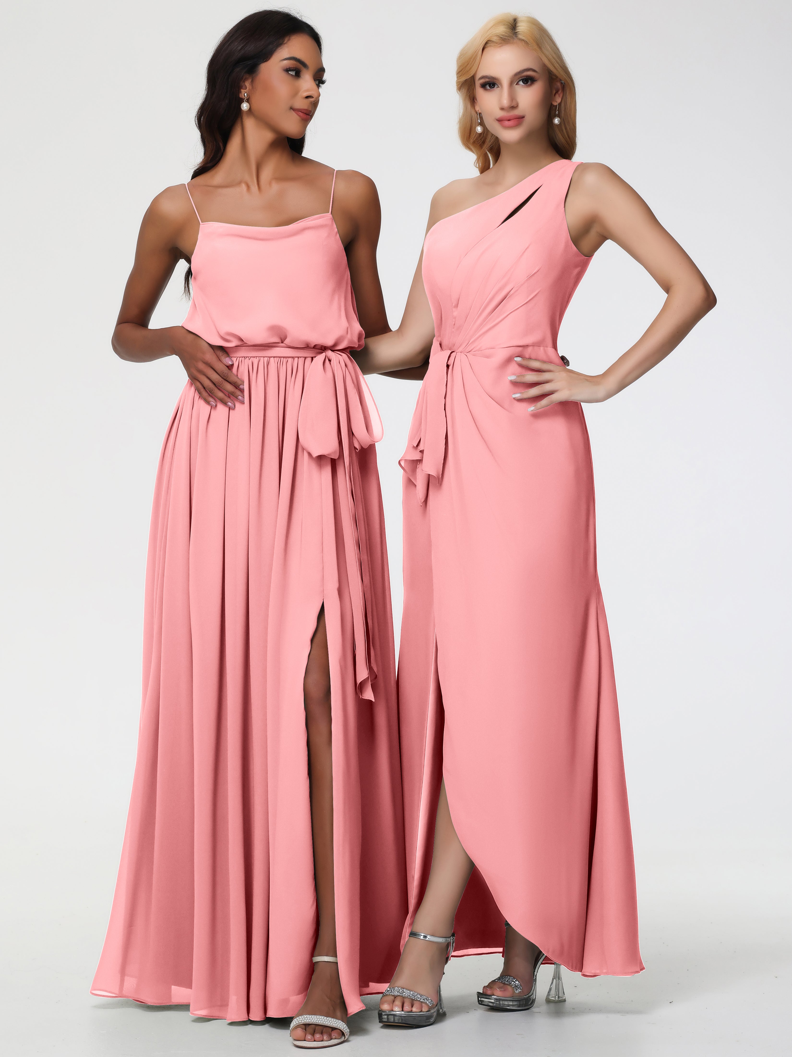 One Shoulder Sheath/Column Sleeveless Long Split Chiffon Bridesmaid Dresses