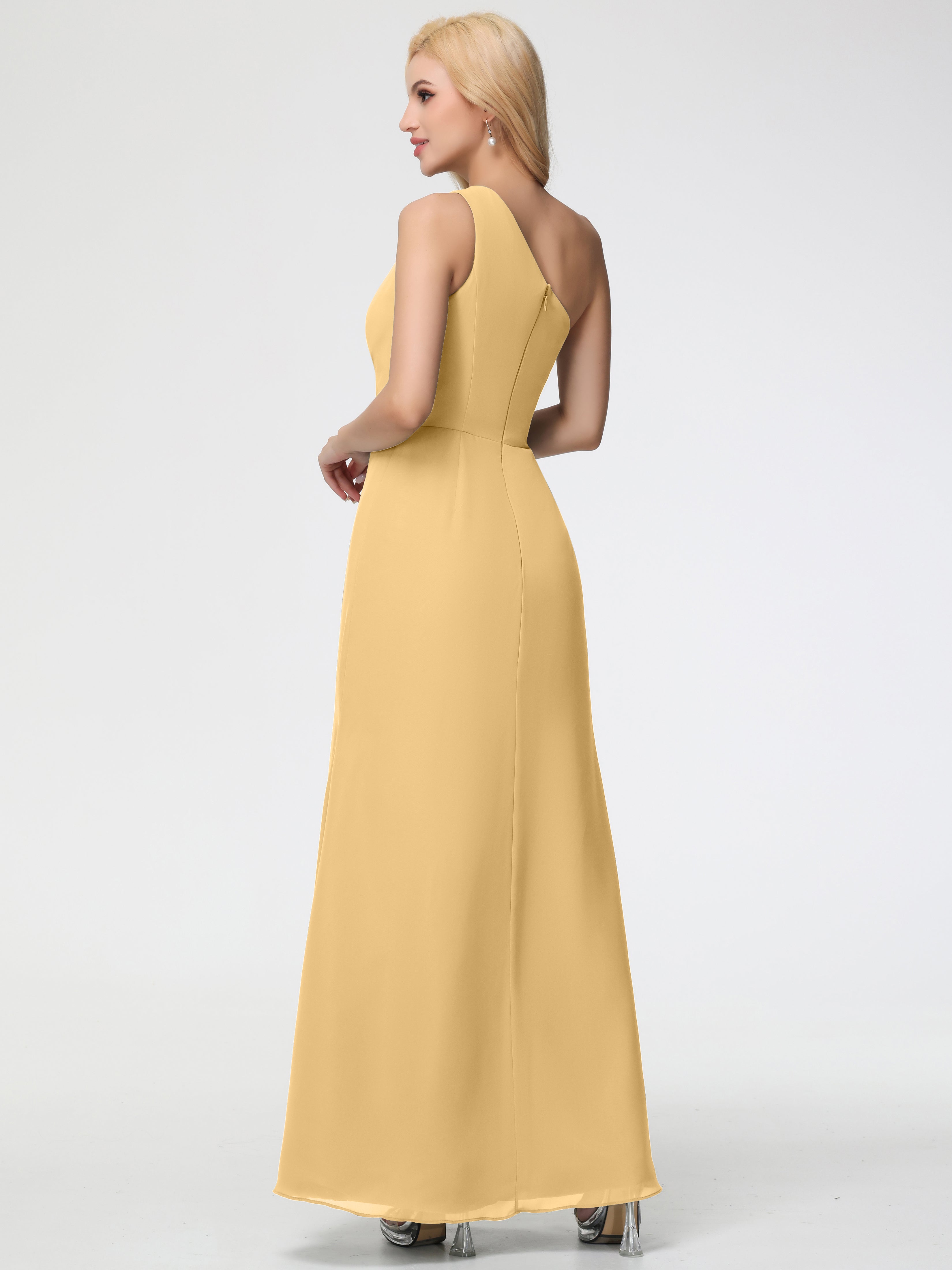 One Shoulder Sheath/Column Sleeveless Long Split Chiffon Bridesmaid Dresses
