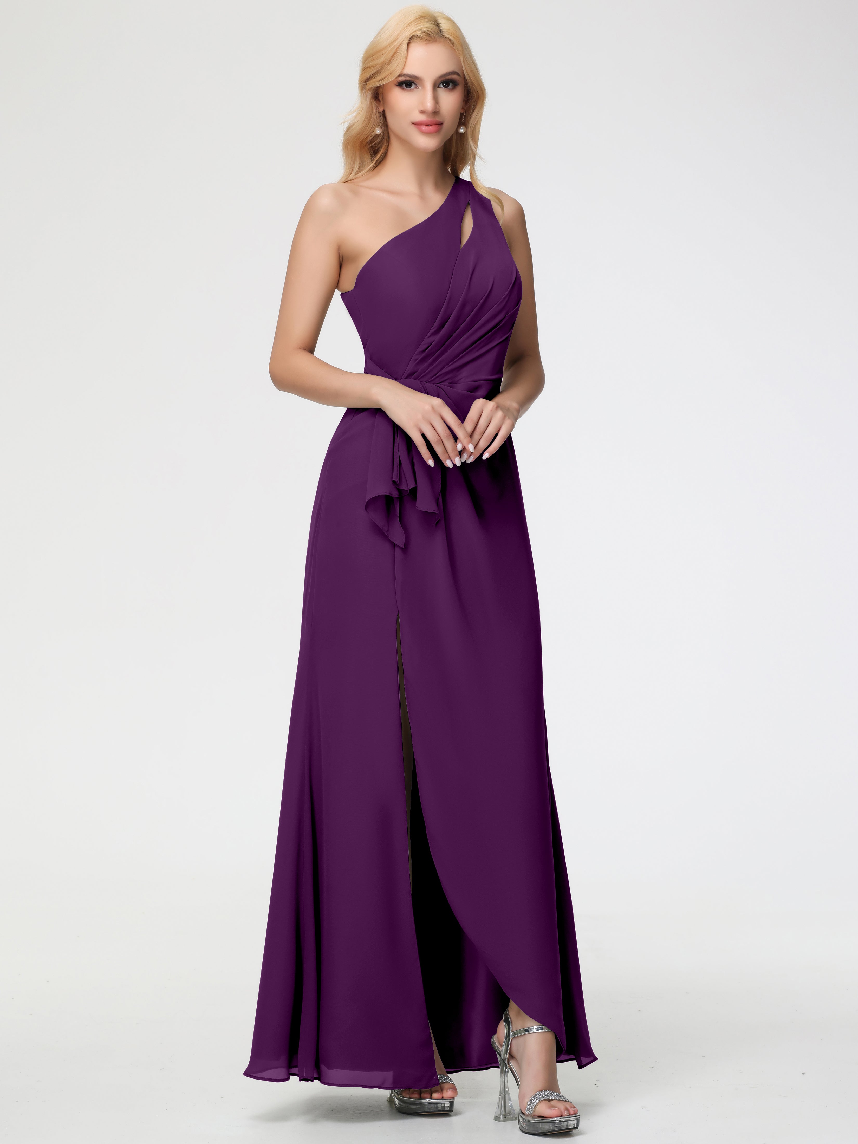 One Shoulder Sheath/Column Sleeveless Long Split Chiffon Bridesmaid Dresses