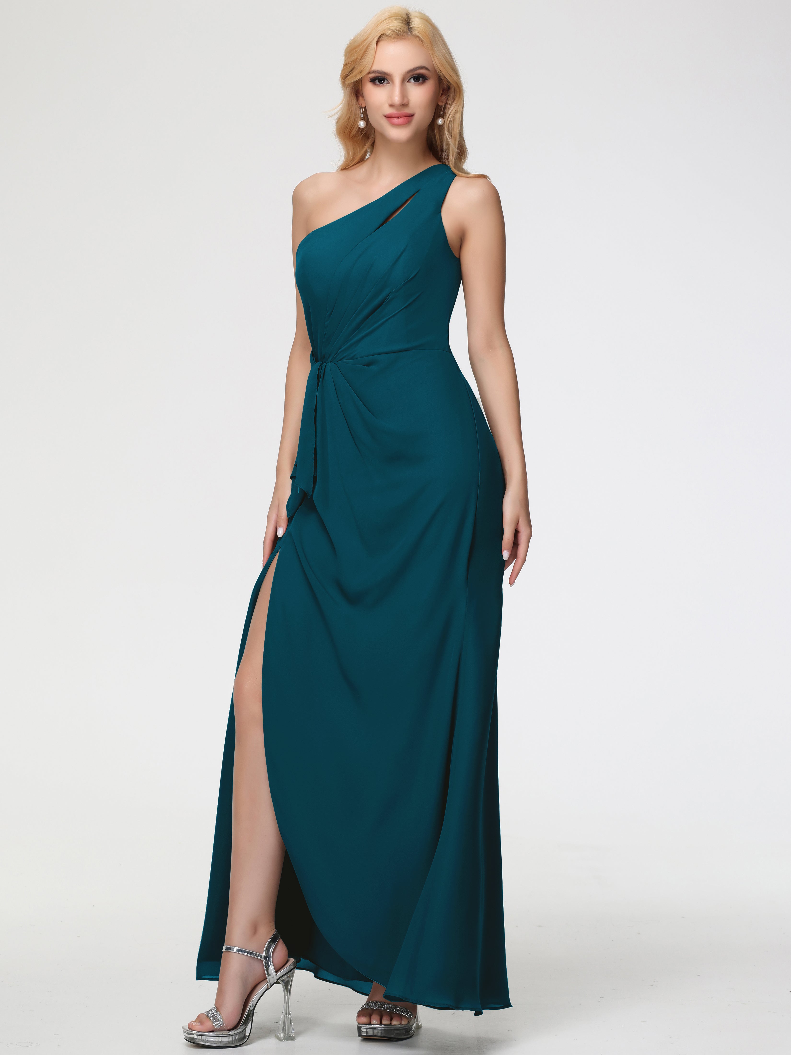 One Shoulder Sheath/Column Sleeveless Long Split Chiffon Bridesmaid Dresses