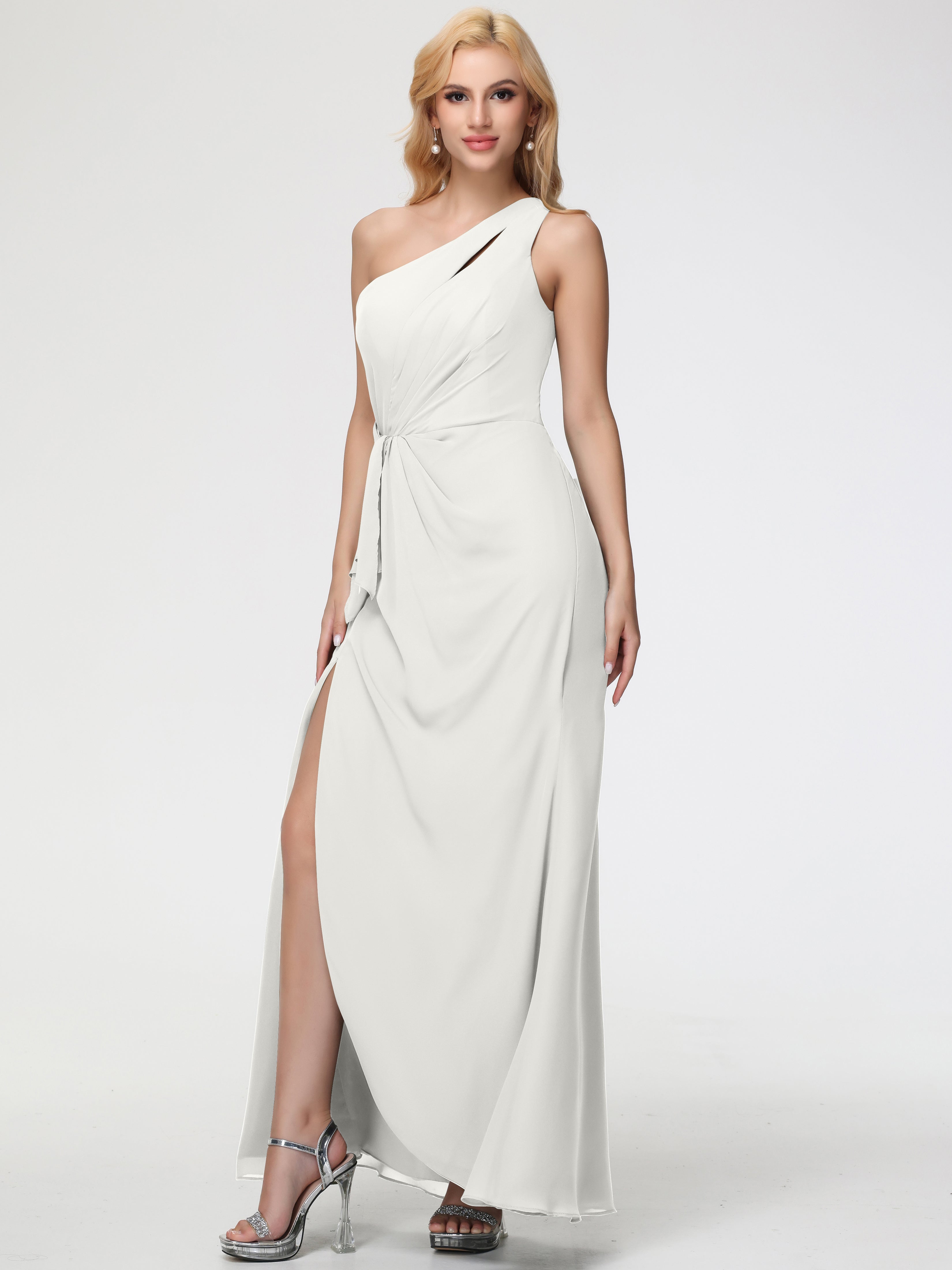One Shoulder Sheath/Column Sleeveless Long Split Chiffon Bridesmaid Dresses