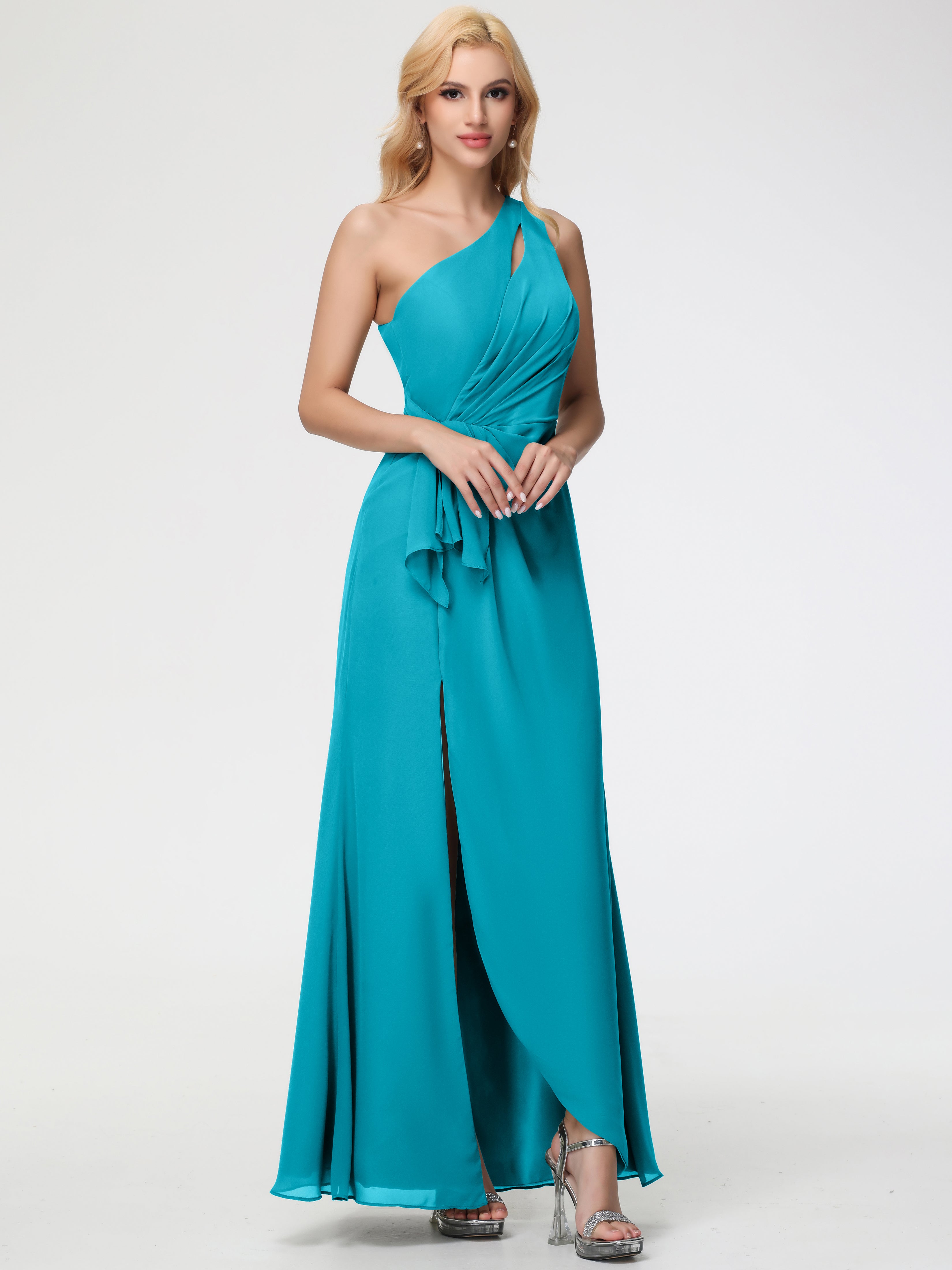 One Shoulder Sheath/Column Sleeveless Long Split Chiffon Bridesmaid Dresses
