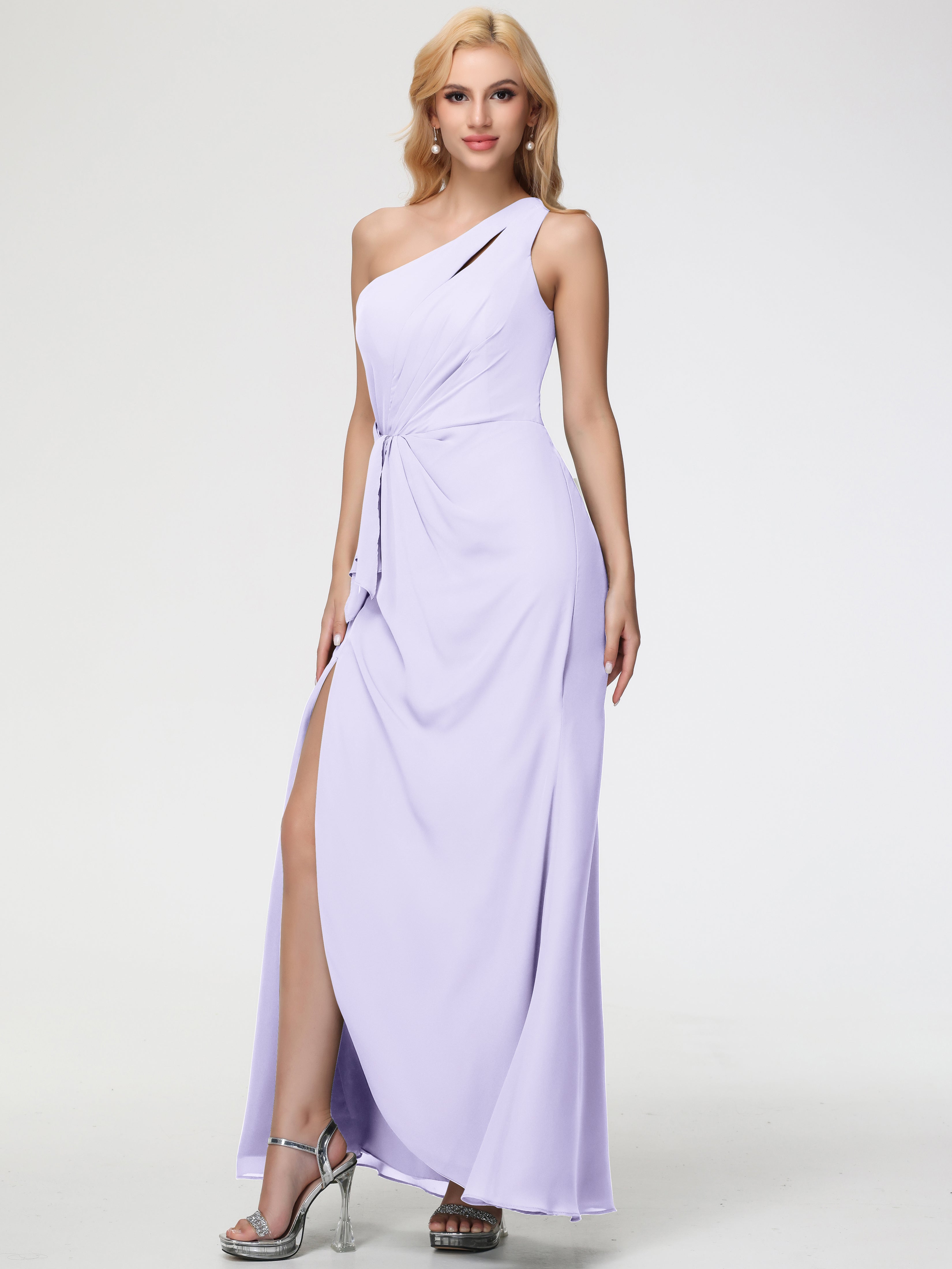 One Shoulder Sheath/Column Sleeveless Long Split Chiffon Bridesmaid Dresses