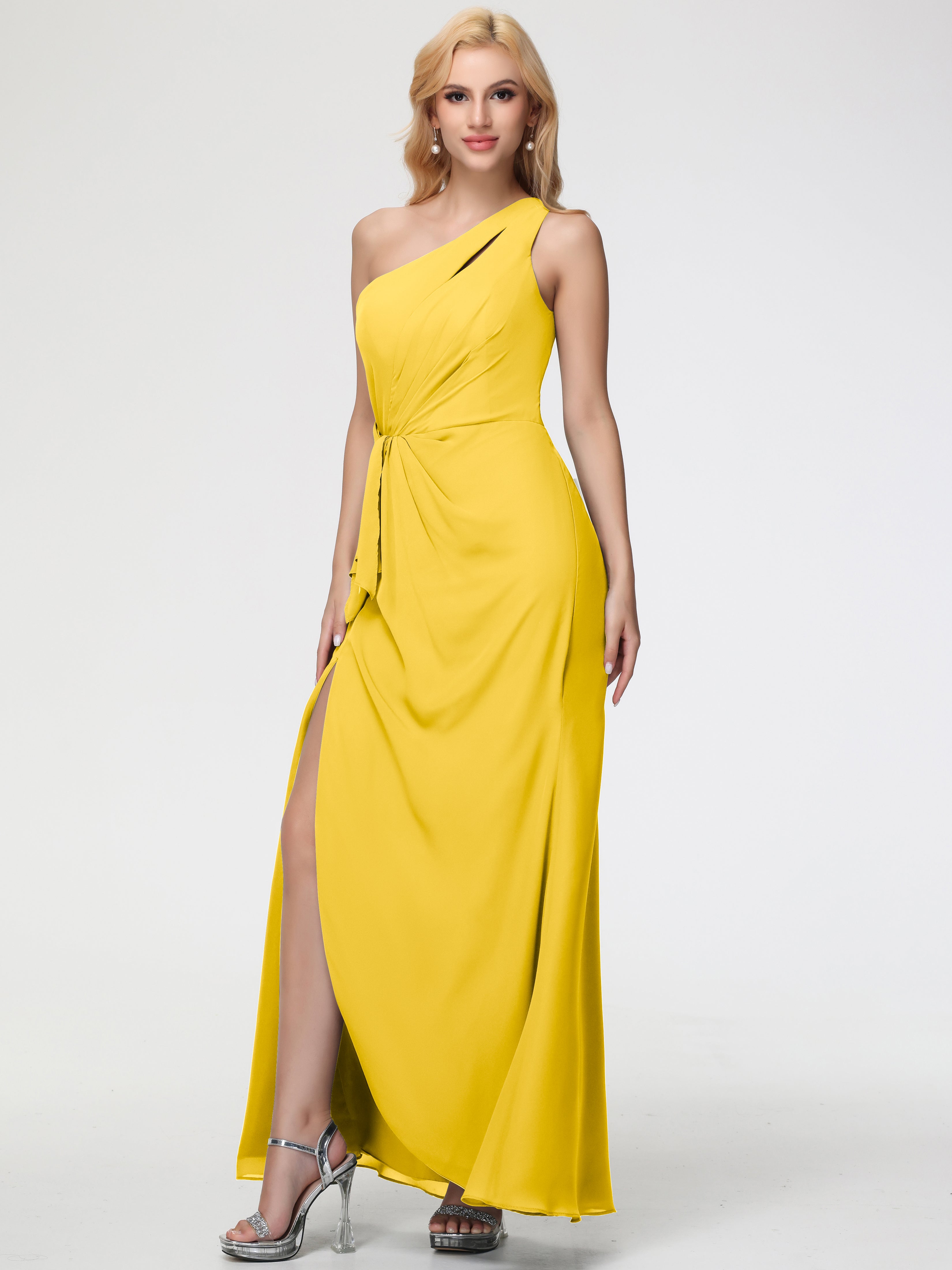 One Shoulder Sheath/Column Sleeveless Long Split Chiffon Bridesmaid Dresses