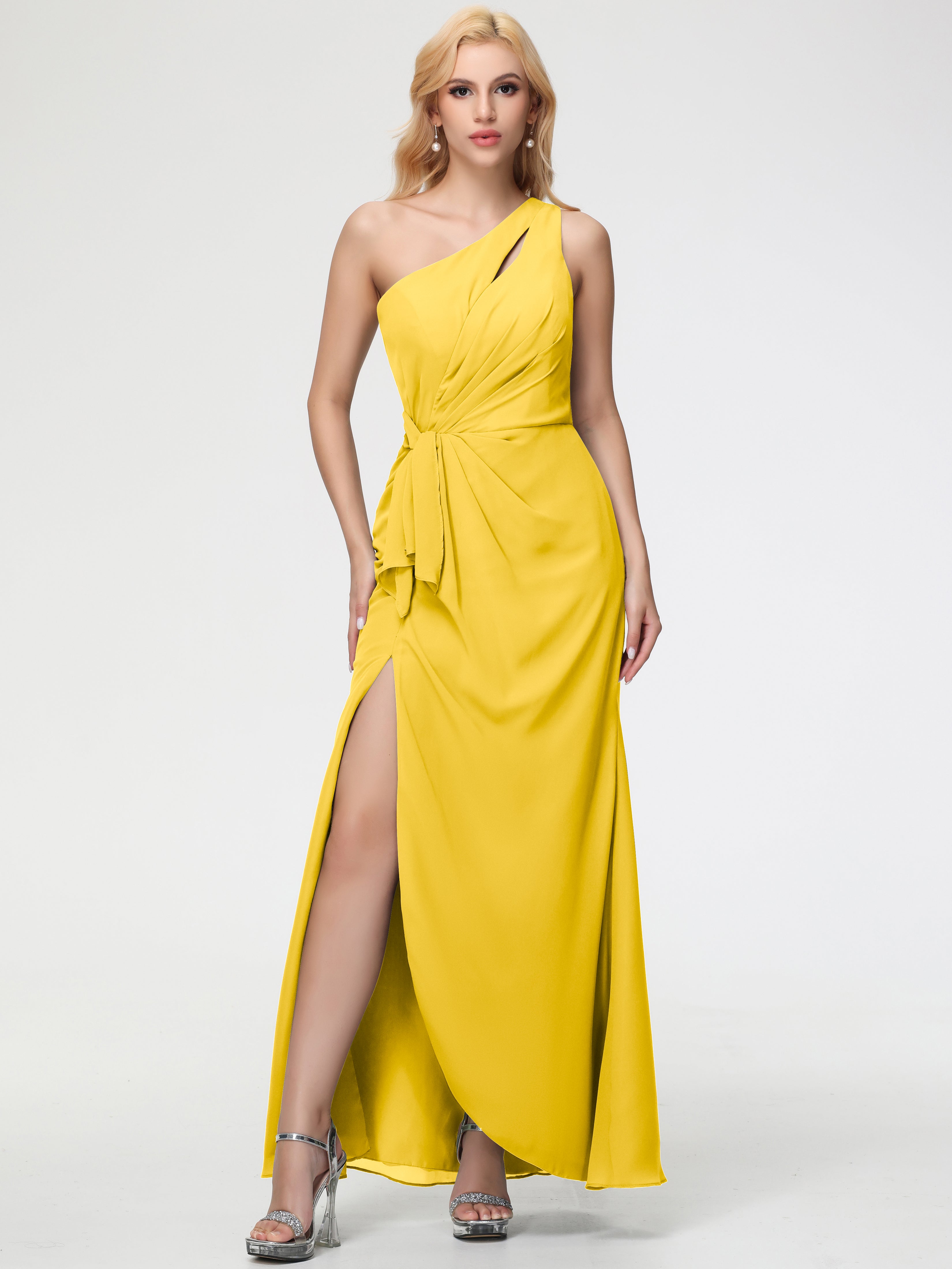 One Shoulder Sheath/Column Sleeveless Long Split Chiffon Bridesmaid Dresses
