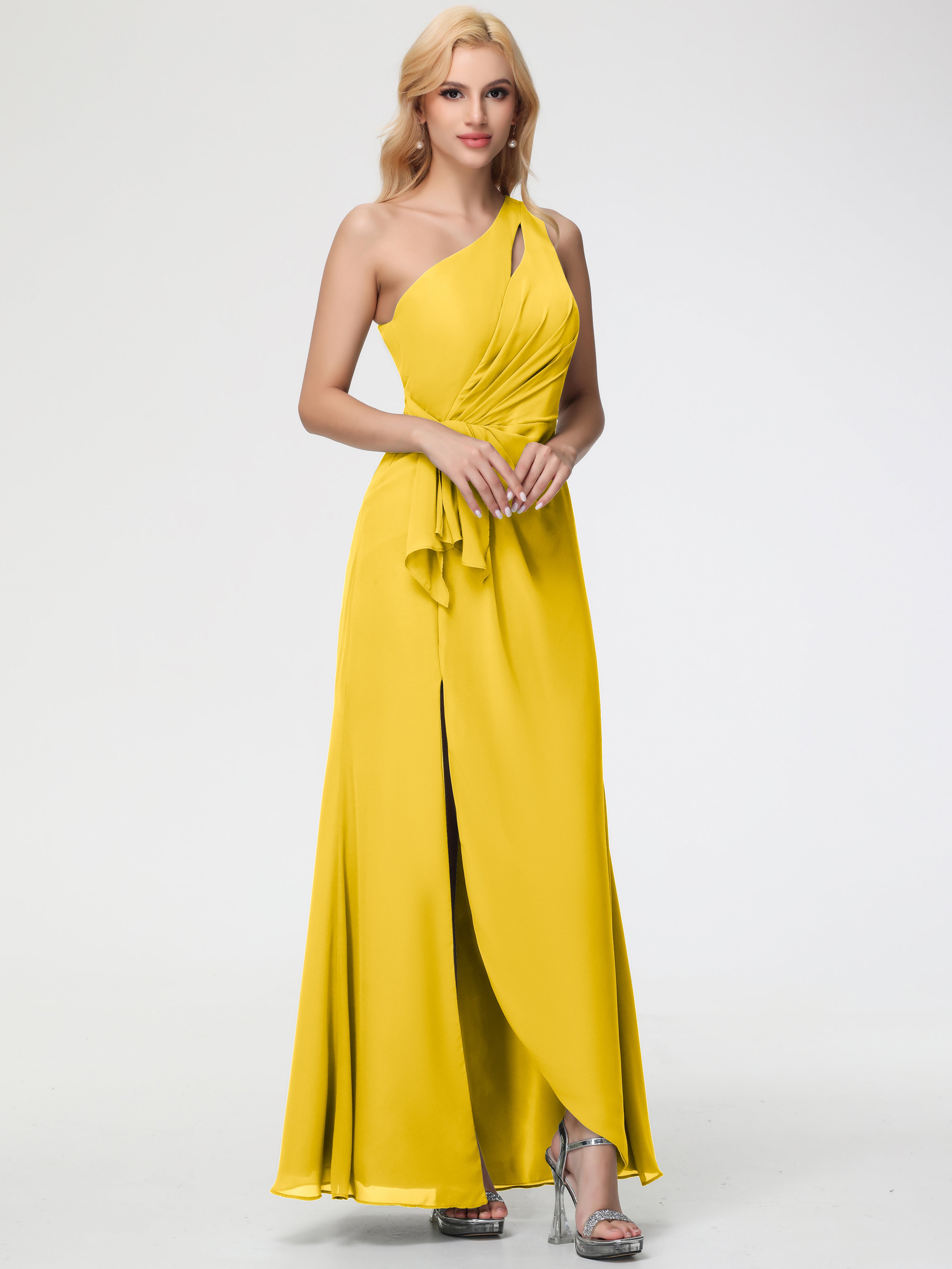 One Shoulder Sheath/Column Sleeveless Long Split Chiffon Bridesmaid Dresses