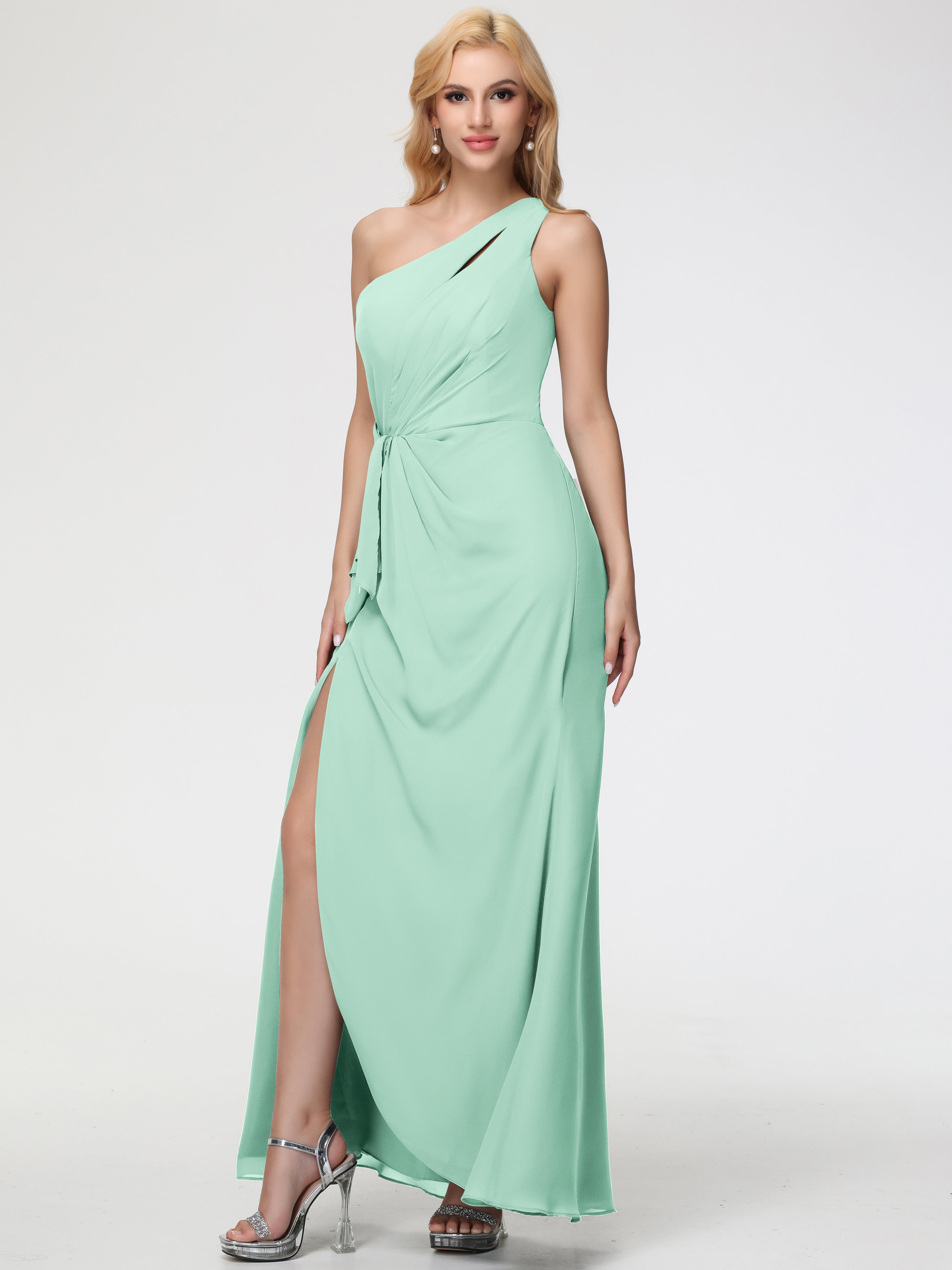 One Shoulder Sheath/Column Sleeveless Long Split Chiffon Bridesmaid Dresses