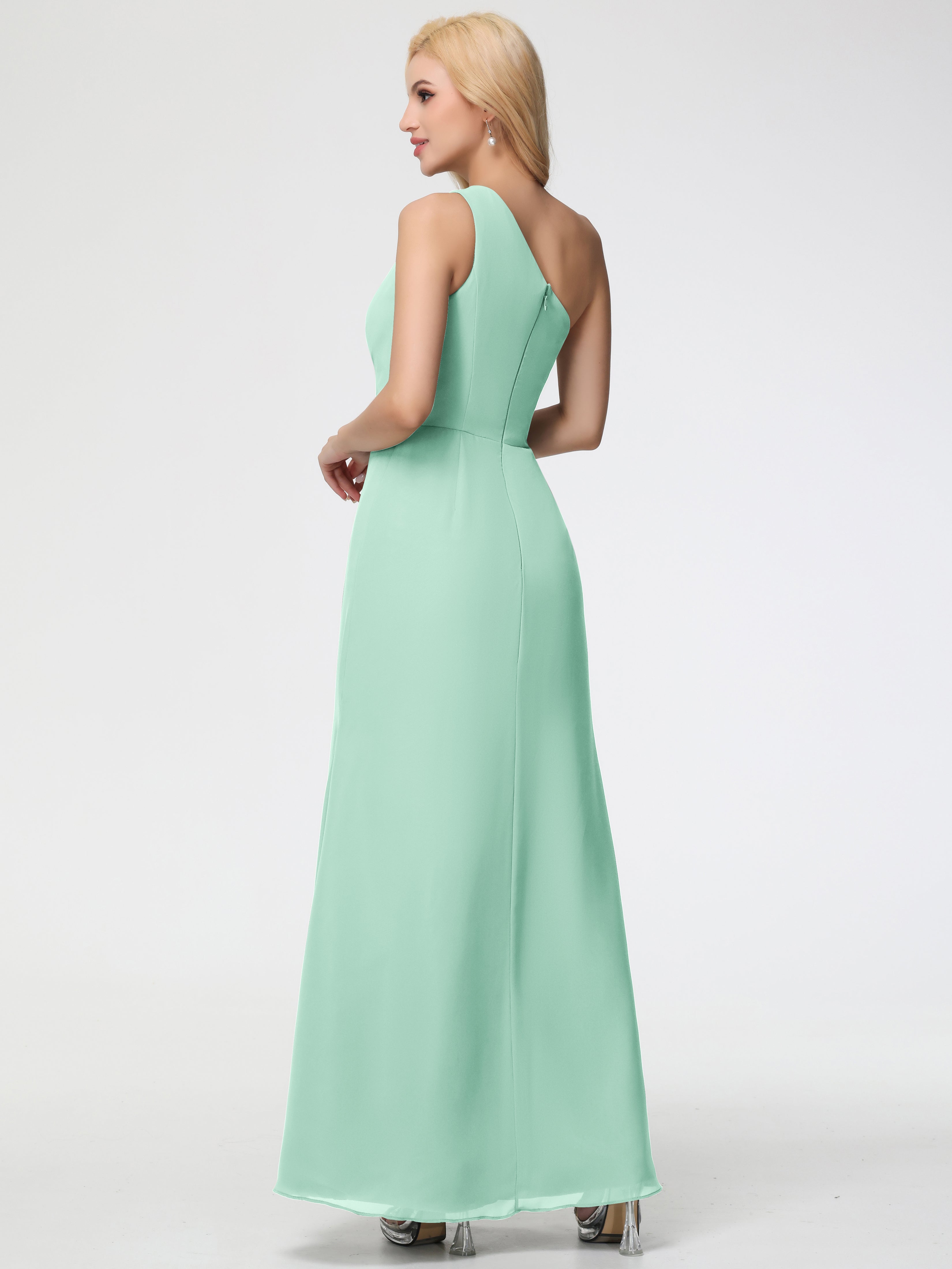 One Shoulder Sheath/Column Sleeveless Long Split Chiffon Bridesmaid Dresses