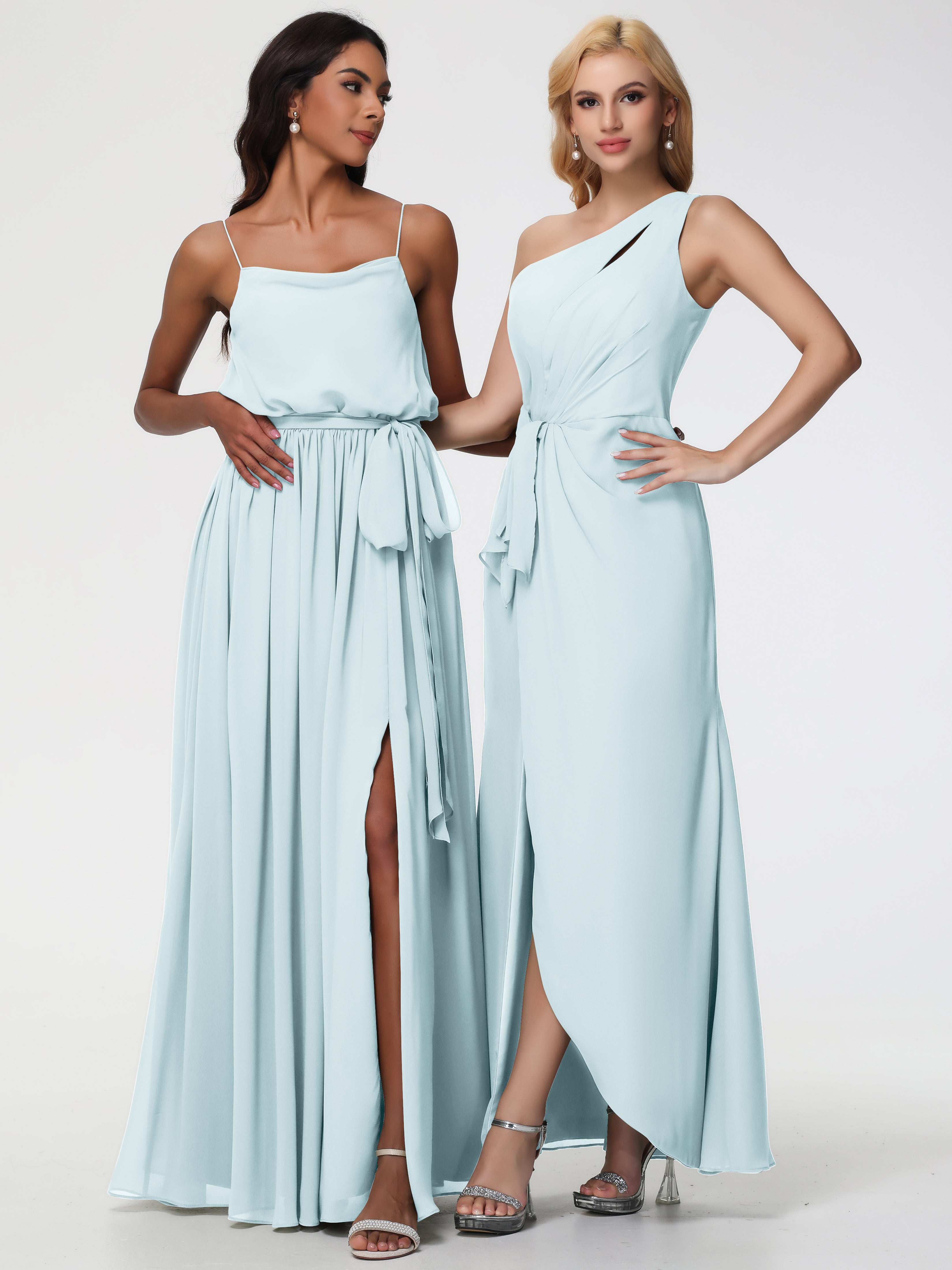One Shoulder Sheath/Column Sleeveless Long Split Chiffon Bridesmaid Dresses