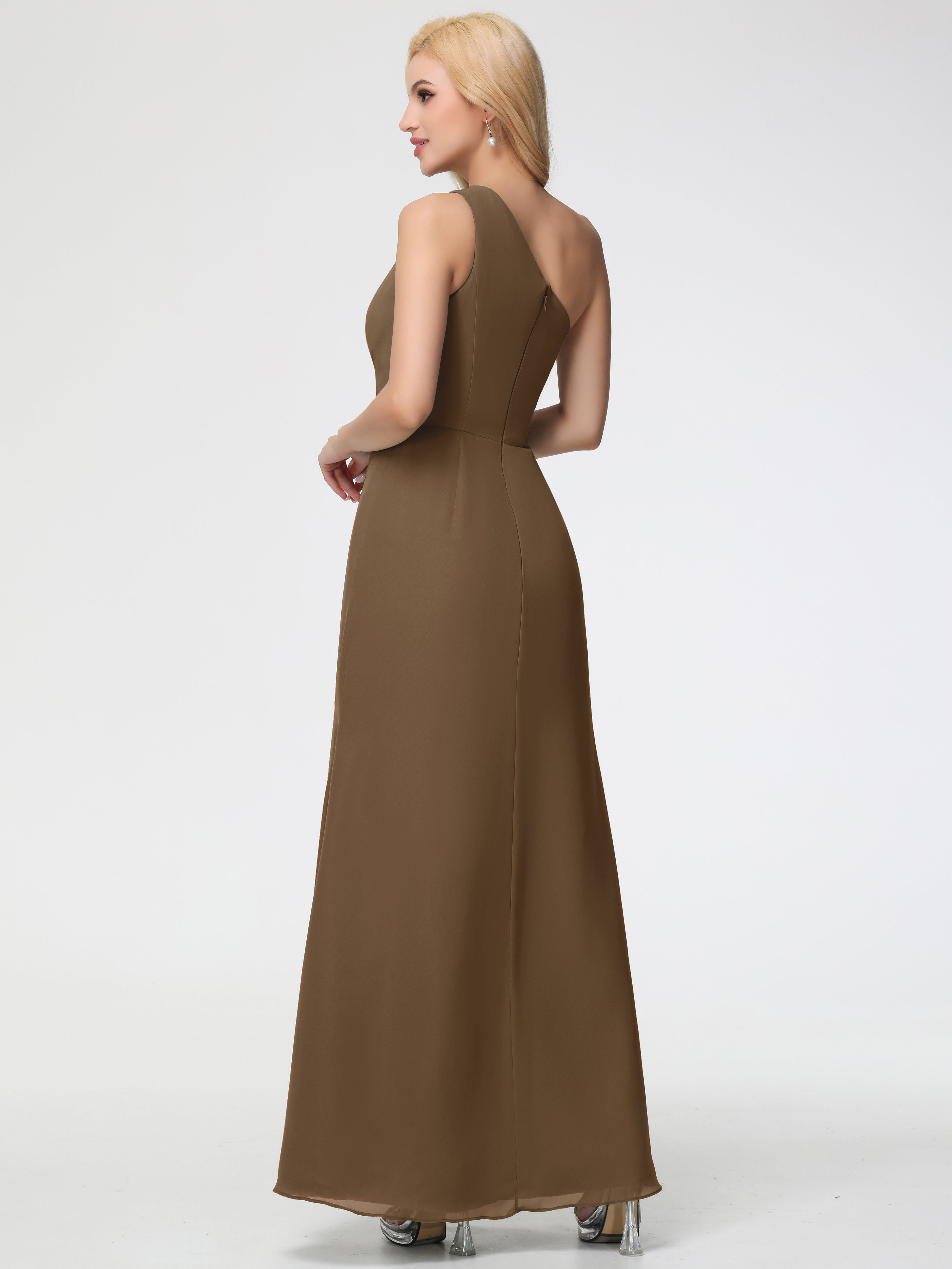 One Shoulder Sheath/Column Sleeveless Long Split Chiffon Bridesmaid Dresses