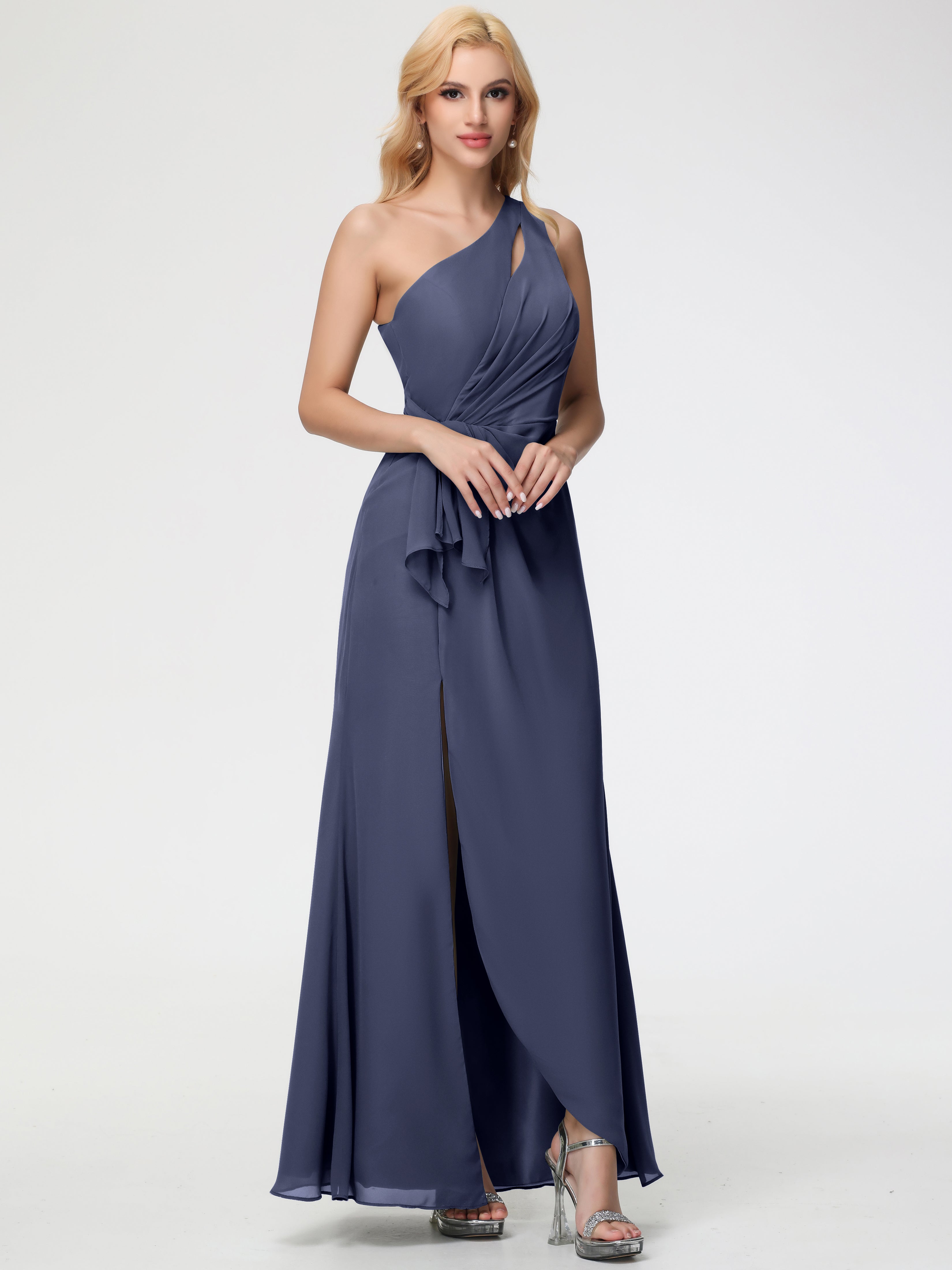 One Shoulder Sheath/Column Sleeveless Long Split Chiffon Bridesmaid Dresses (Copy)