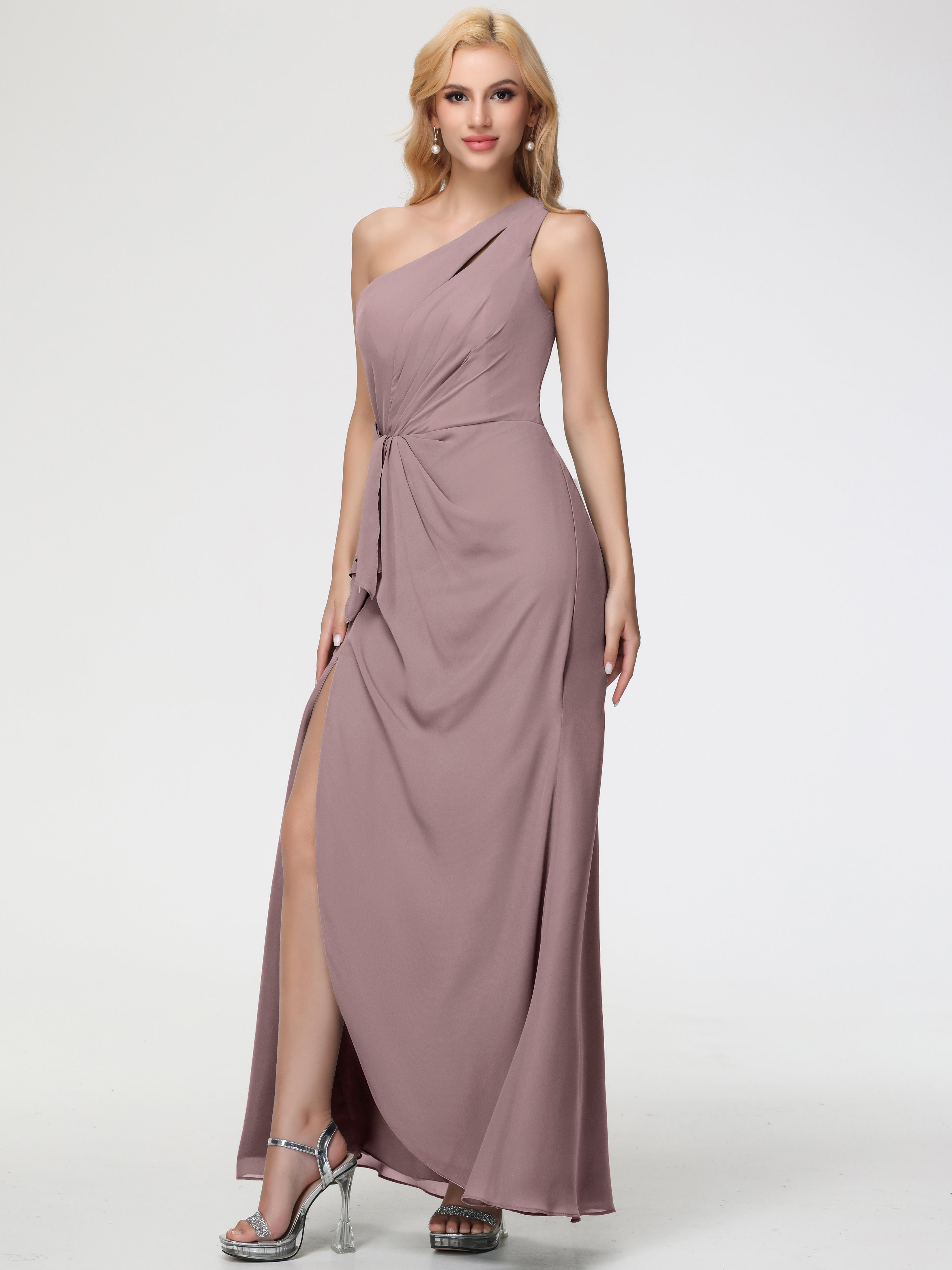 One Shoulder Sheath/Column Sleeveless Long Split Chiffon Bridesmaid Dresses (Copy)