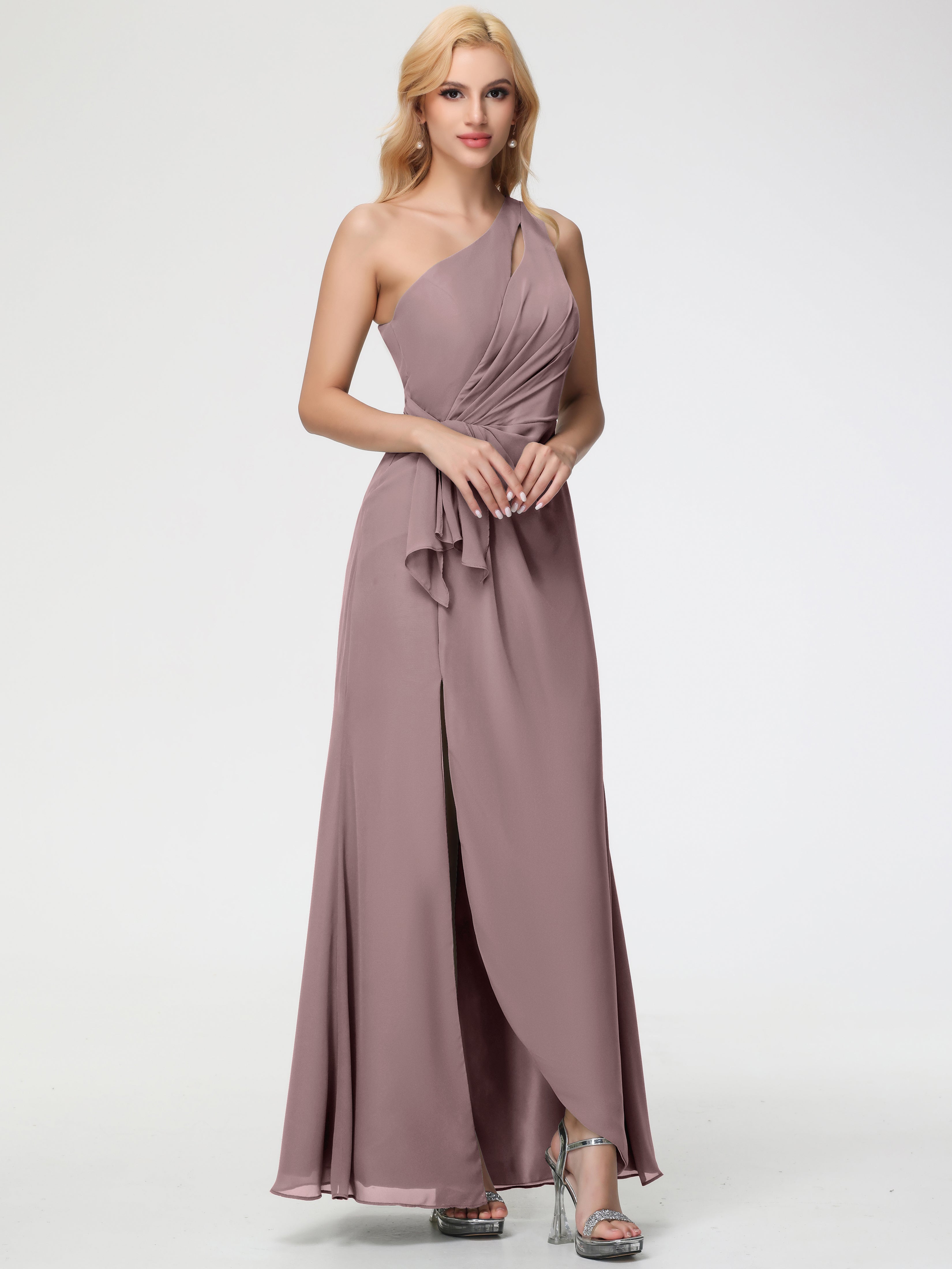 One Shoulder Sheath/Column Sleeveless Long Split Chiffon Bridesmaid Dresses (Copy)