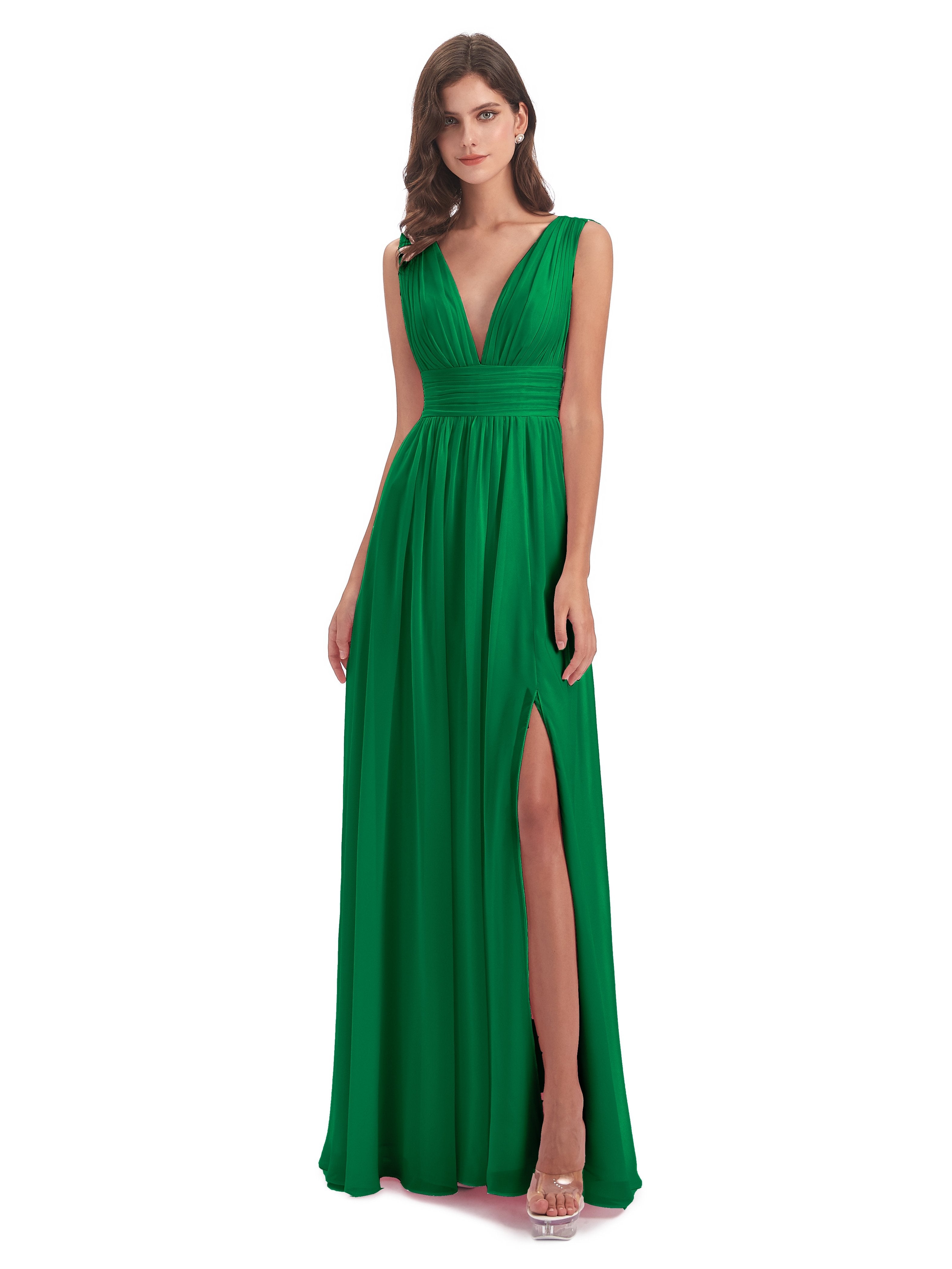 Emerald Green Bridesmaid Dresses Uk Charming Chiffon V Neck Split Long