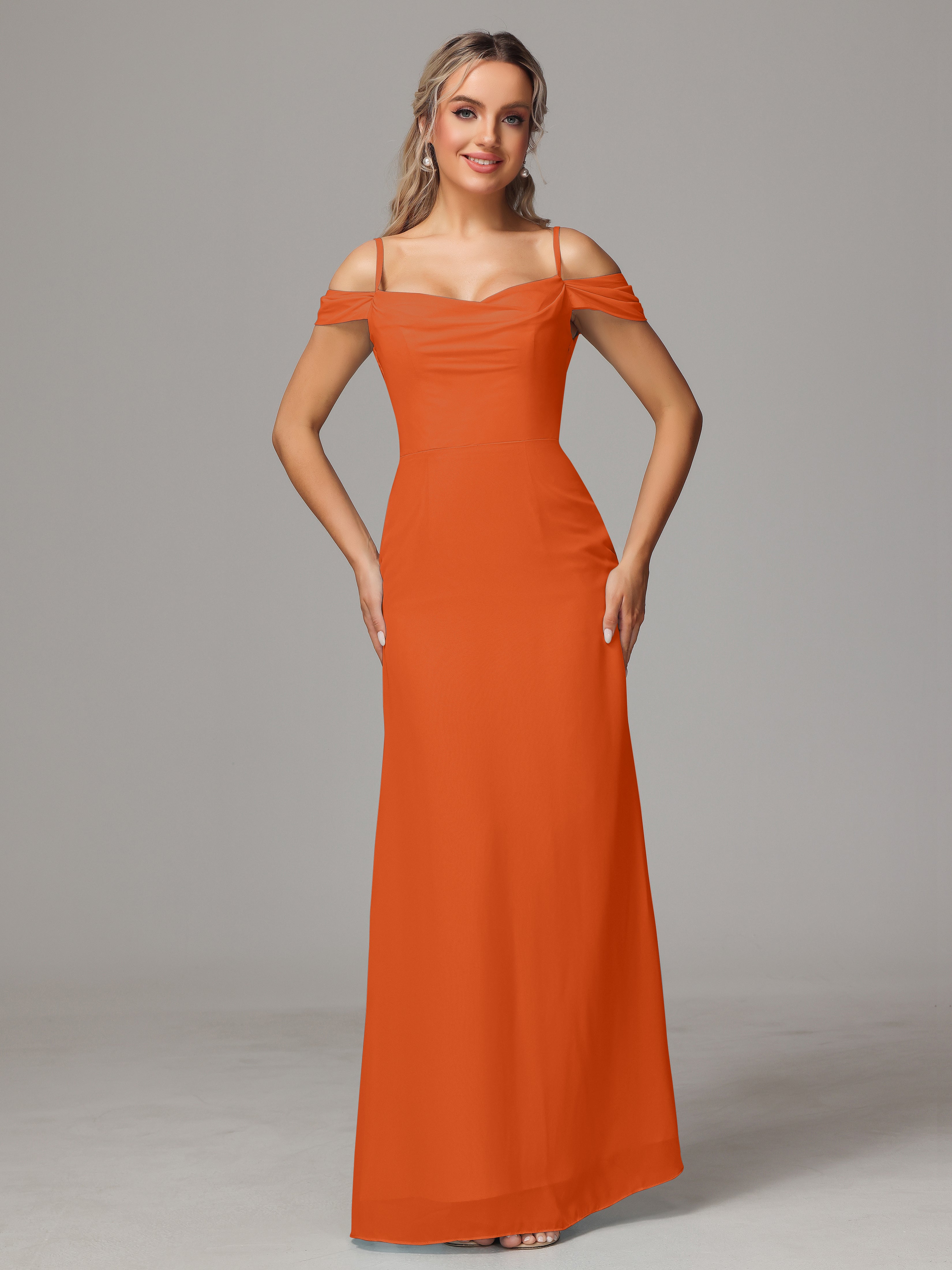 Burnt Orange Dress Bridesmaid Sheath/Column Off The Shoulder Chiffon B