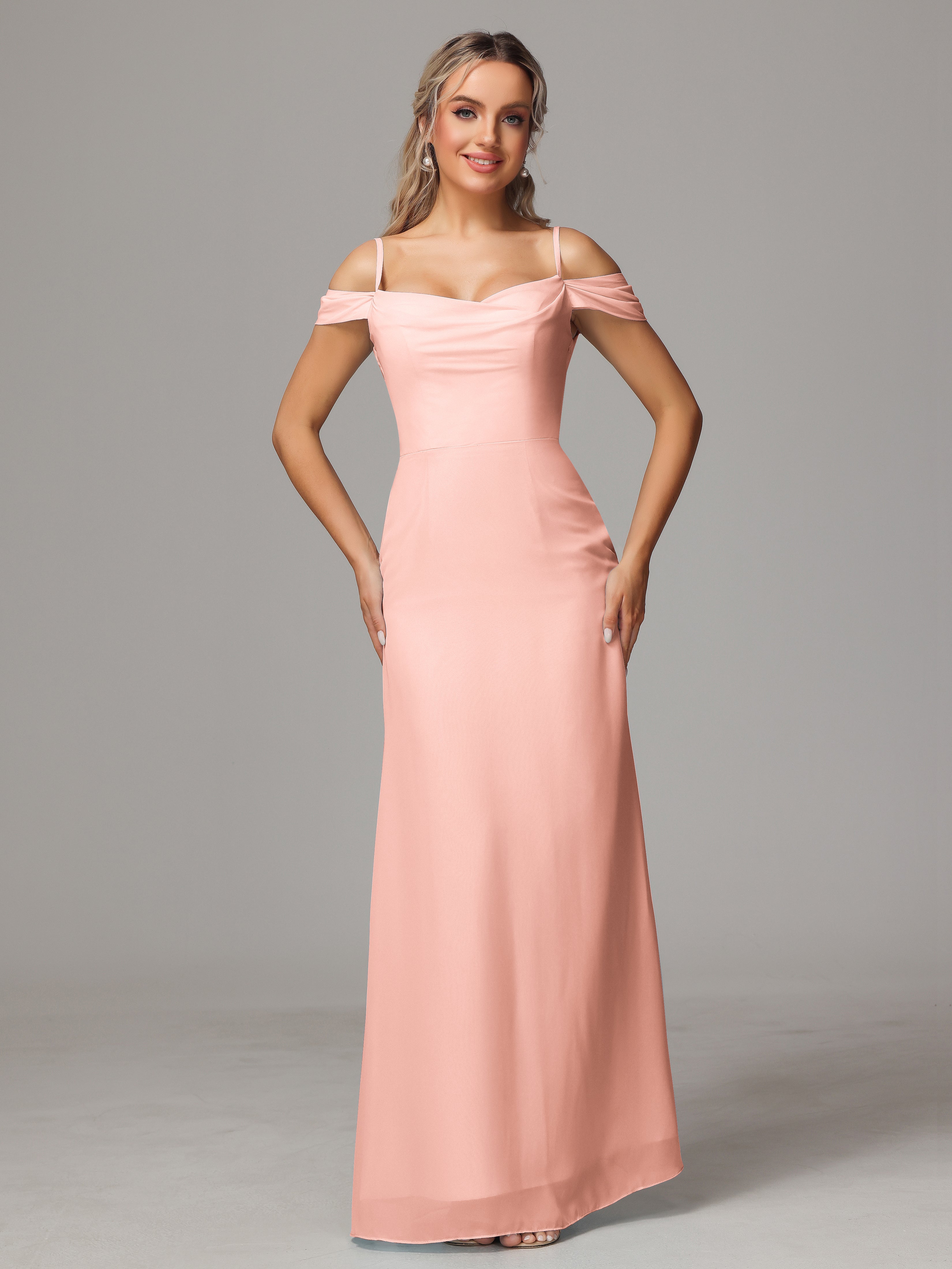 Coral Pink Bridesmaid Dresses Sheath/Column Off The Shoulder Chiffon B