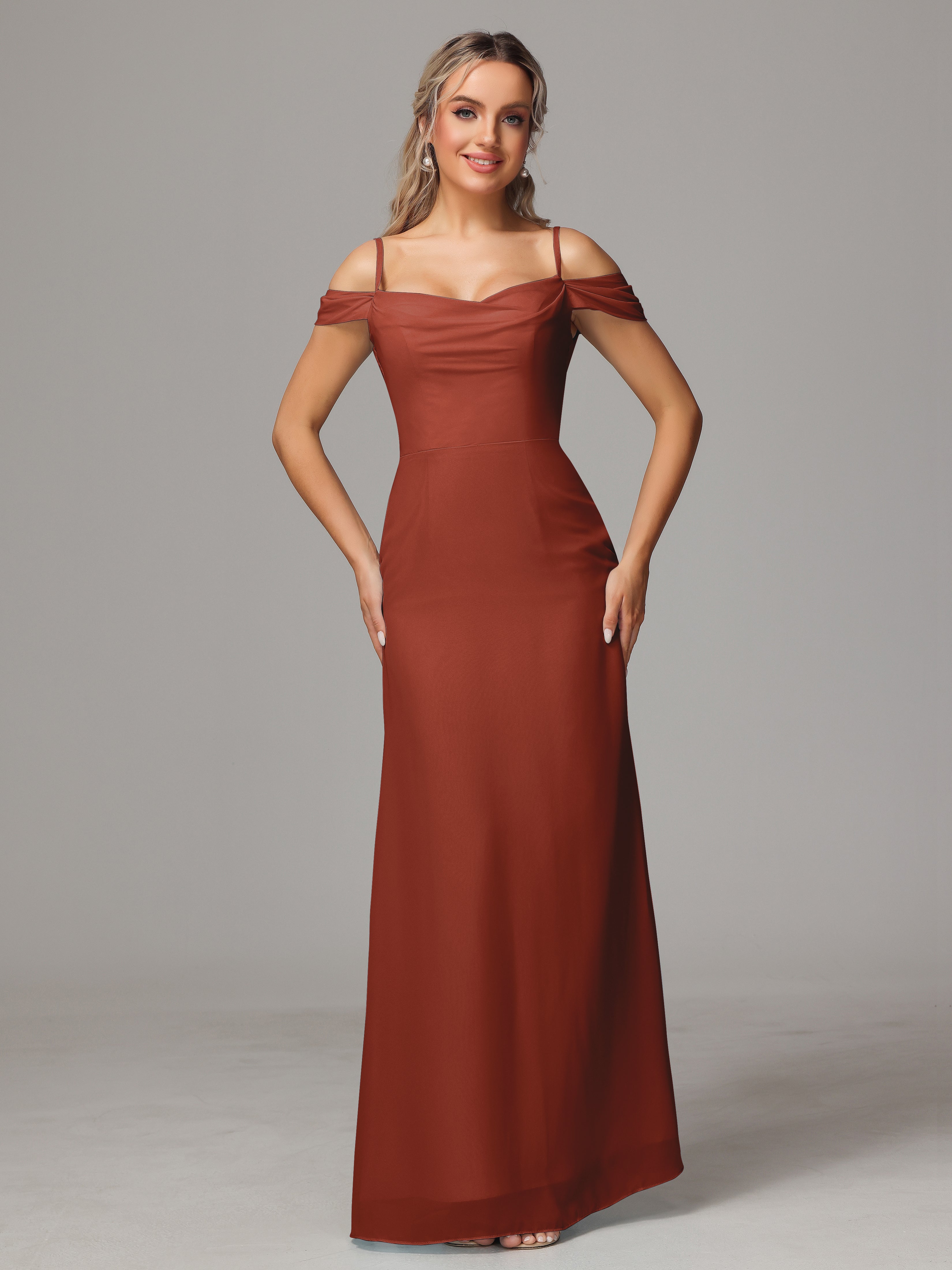Rust Colour Bridesmaid Dresses Sheath/Column Off The Shoulder Chiffon