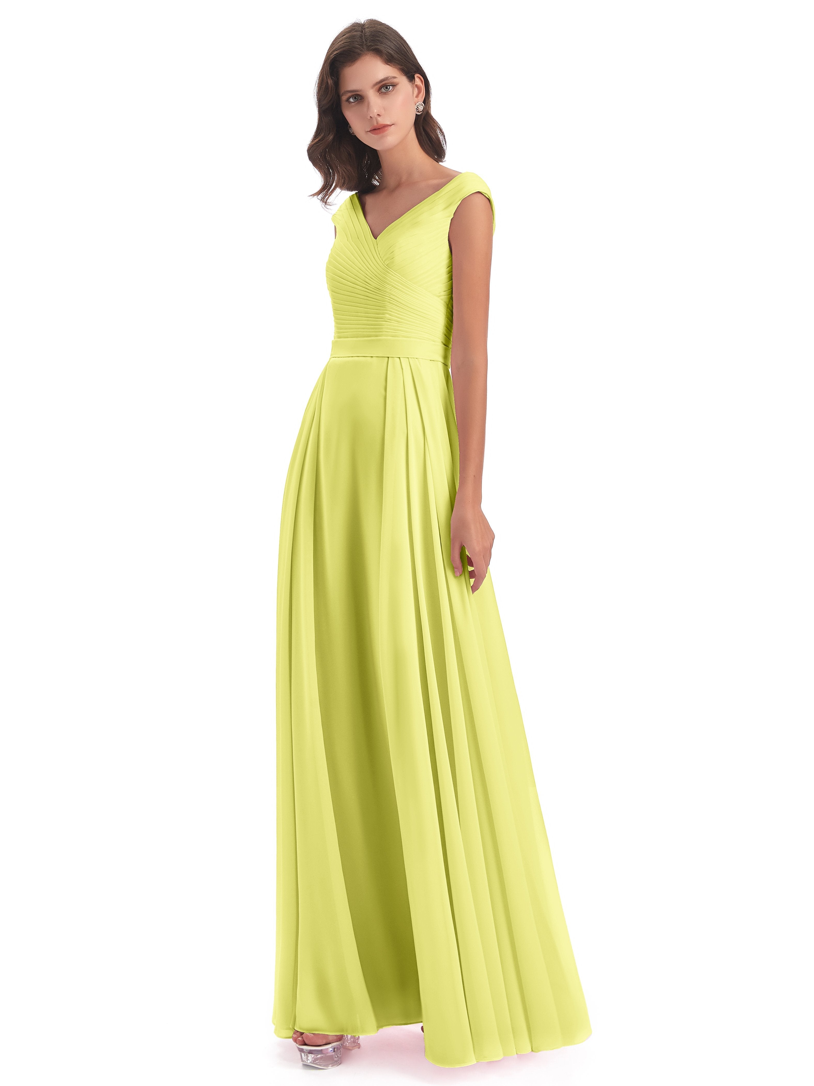 Daffodil Colour Bridesmaid Dresses Beautiful Chiffon A-Line V-Neck Lon