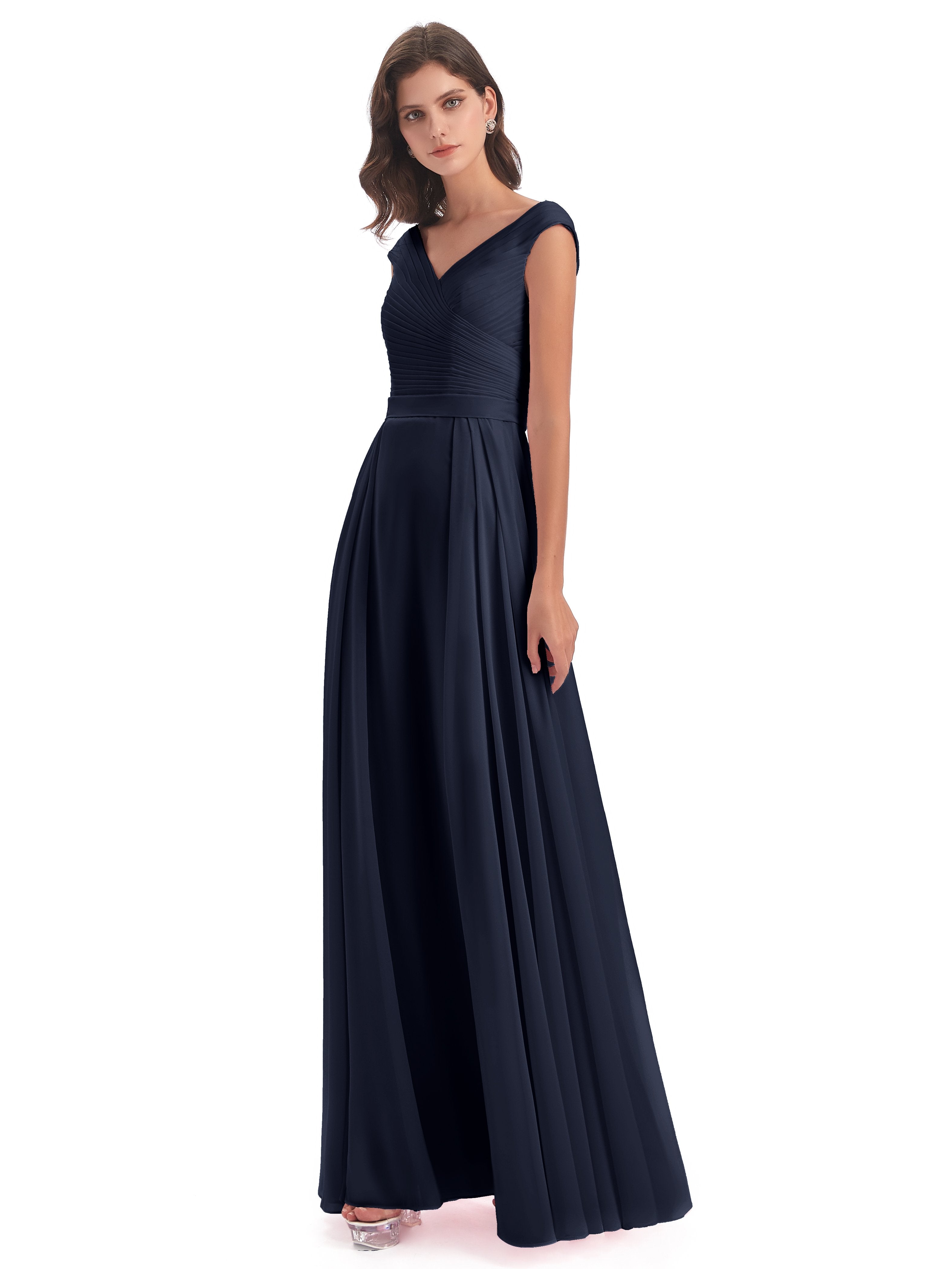 Dark Navy Blue Bridesmaid Dress Beautiful Chiffon A-Line V-Neck Long B