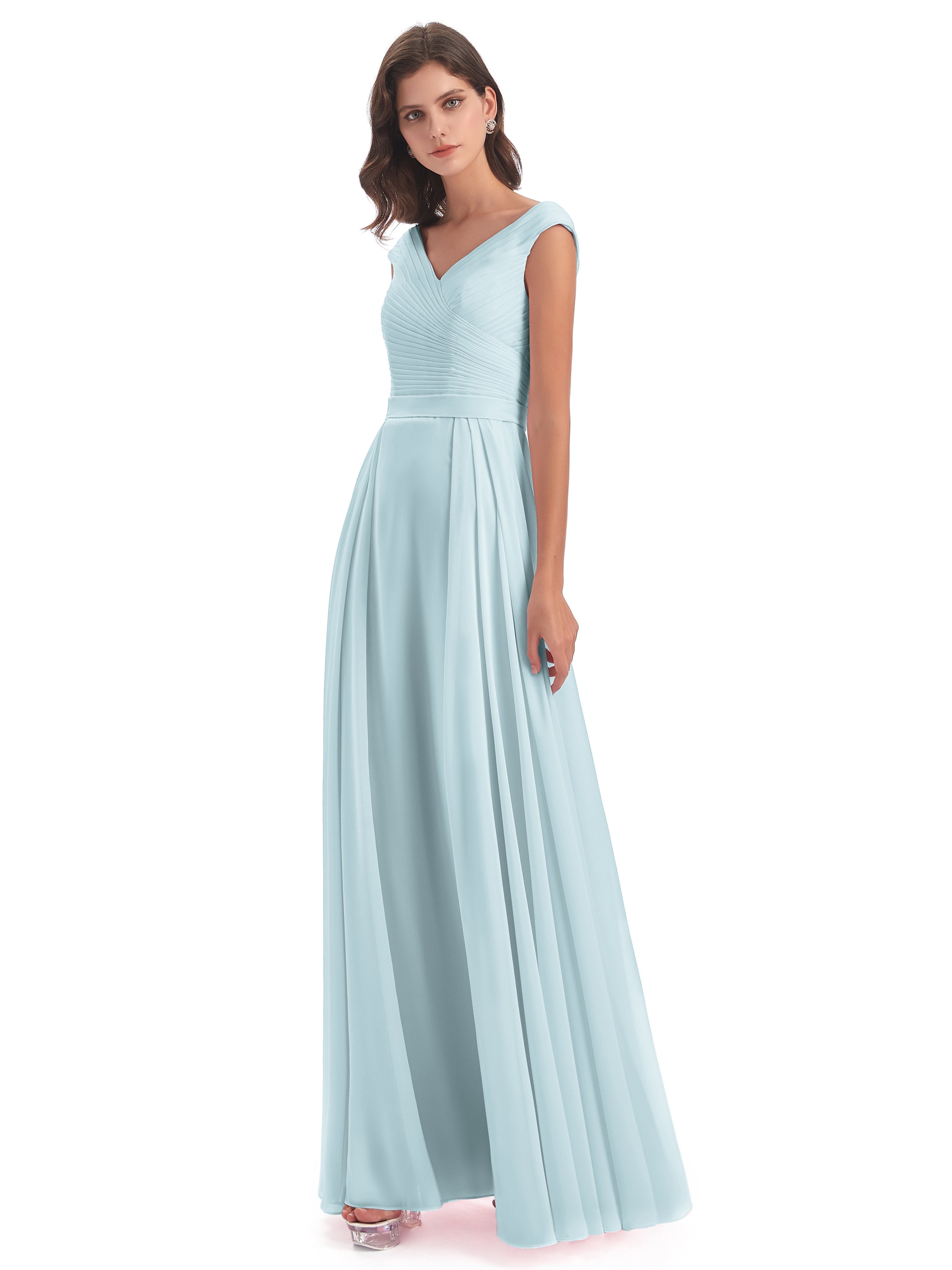 Mist Bridesmaid Dress Beautiful Chiffon A-Line V-Neck Long Bridesmaid