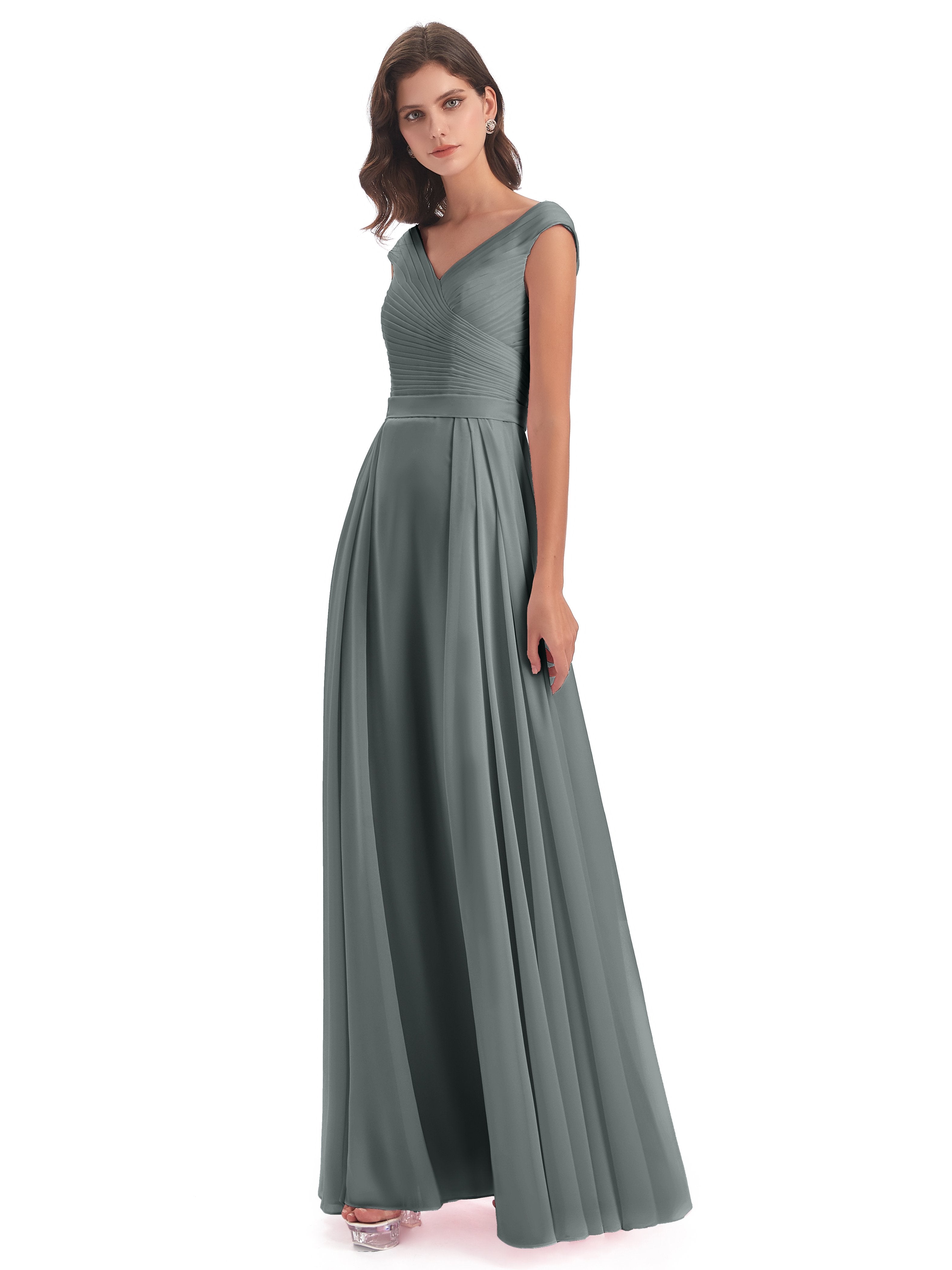 Steel Grey Bridesmaid Dresses Uk Beautiful Chiffon A-Line V-Neck Long