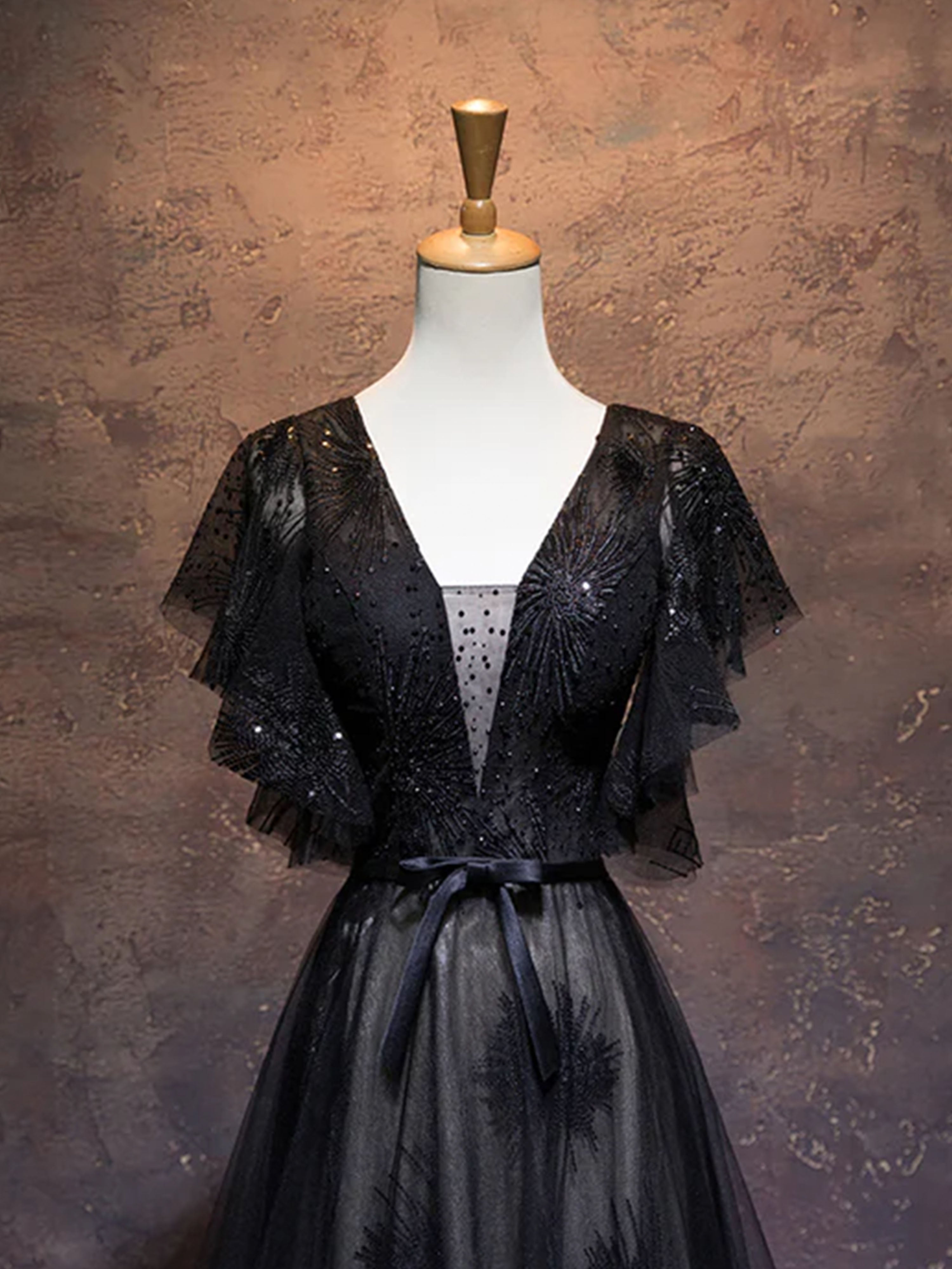 A-line V-neck Short Sleeves Beading Prom Dresses