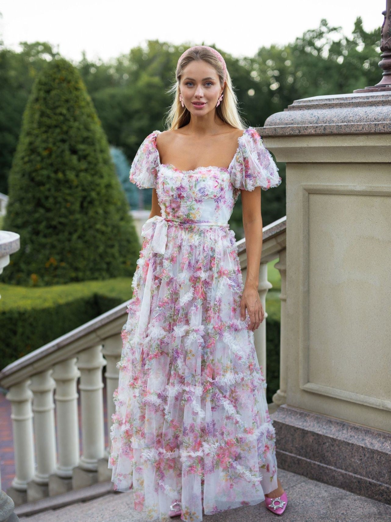Floral Dress Pink Maxi Dress Wedding Guest Tulle Dress Rose Pink