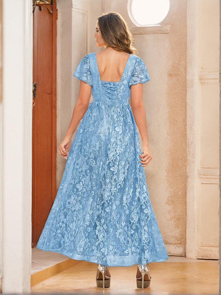 Blue V Neck Short Sleeves Lace Mother Of The Bride Dress