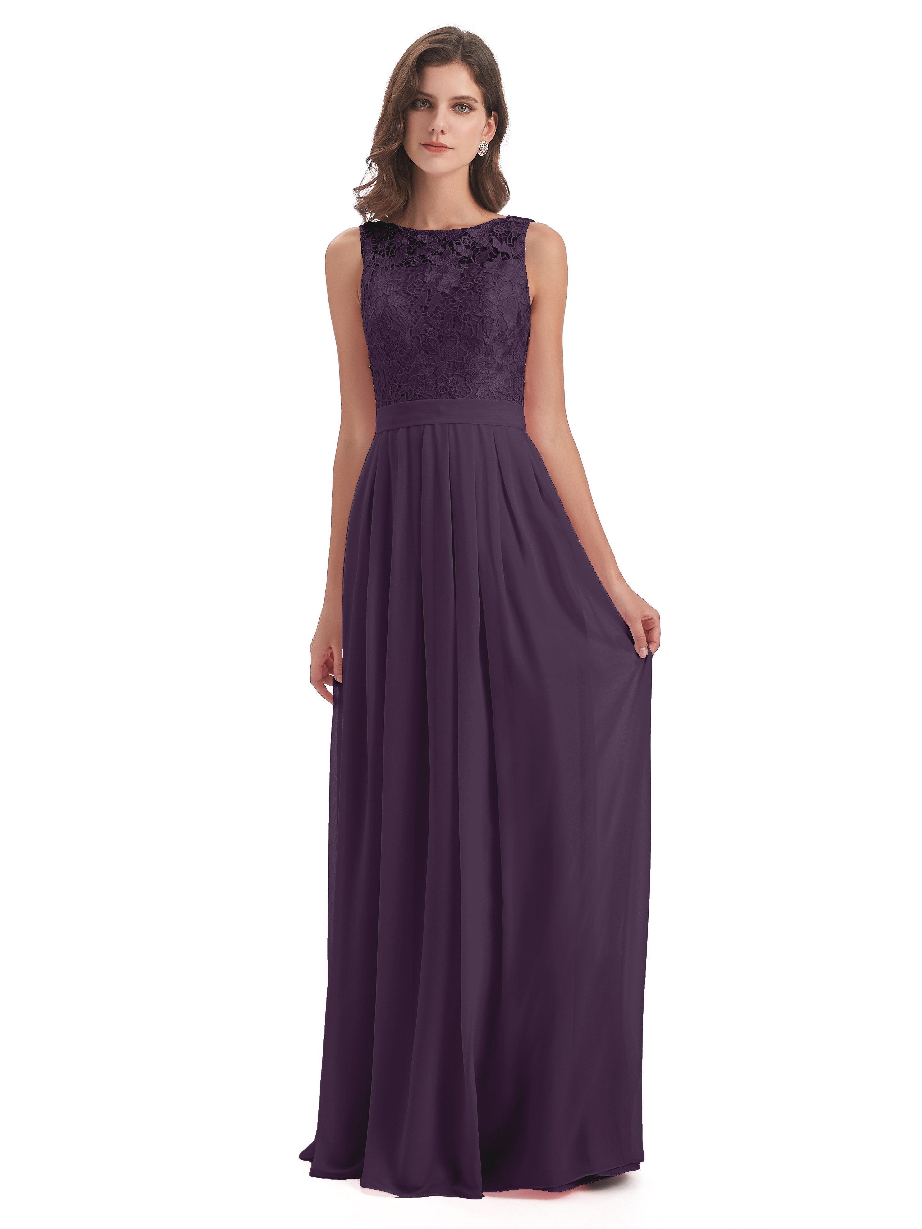 Plum Bridesmaid Dress Illusion Floor-Length Lace/Chiffon Bridesmaid Dr