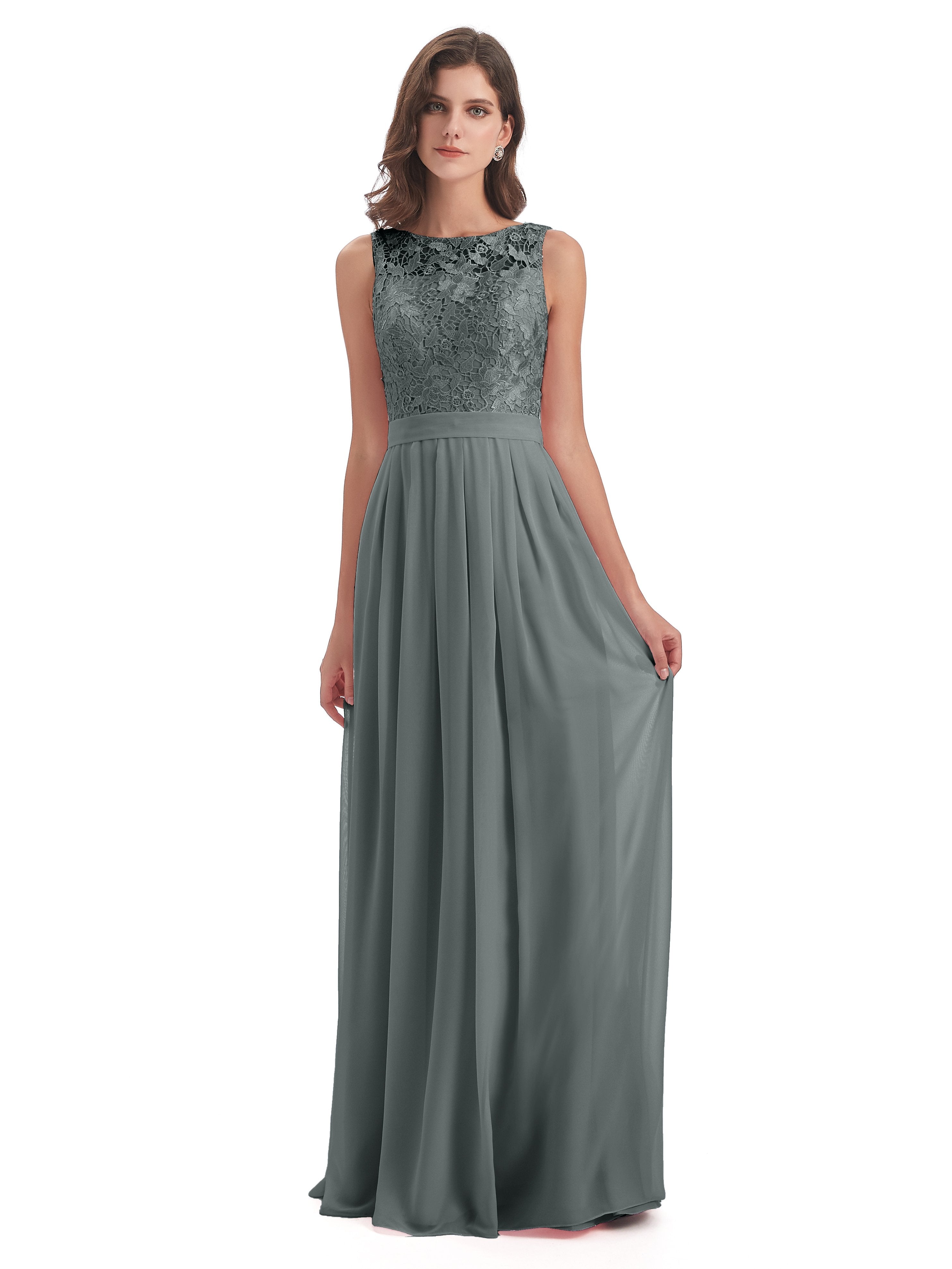 Steel Grey Bridesmaid Dresses Illusion Floor-Length Lace/Chiffon Bride