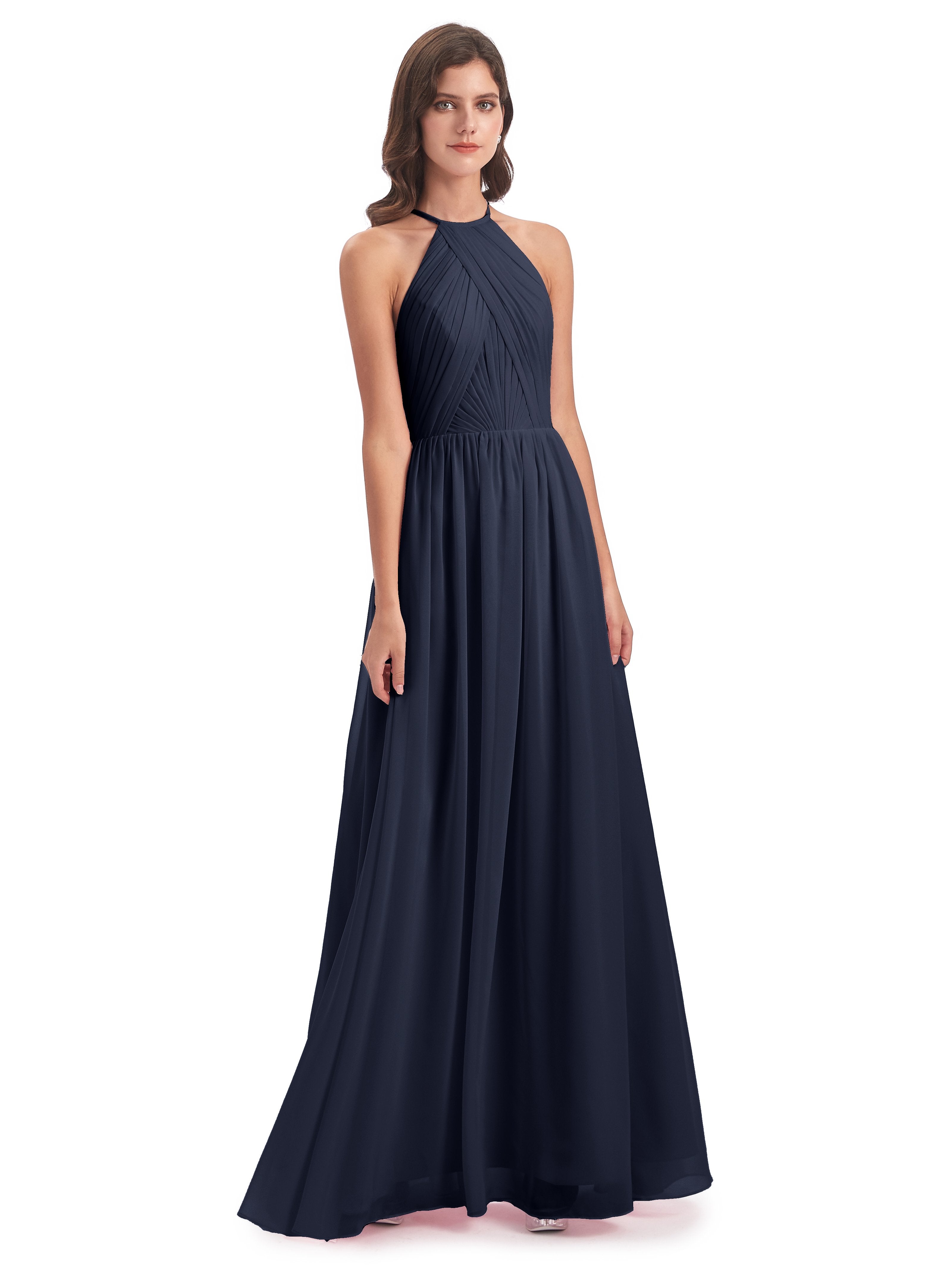 Dark Navy Blue Bridesmaid Dress Mackenzie Elegant A-Line Halter Chiffo