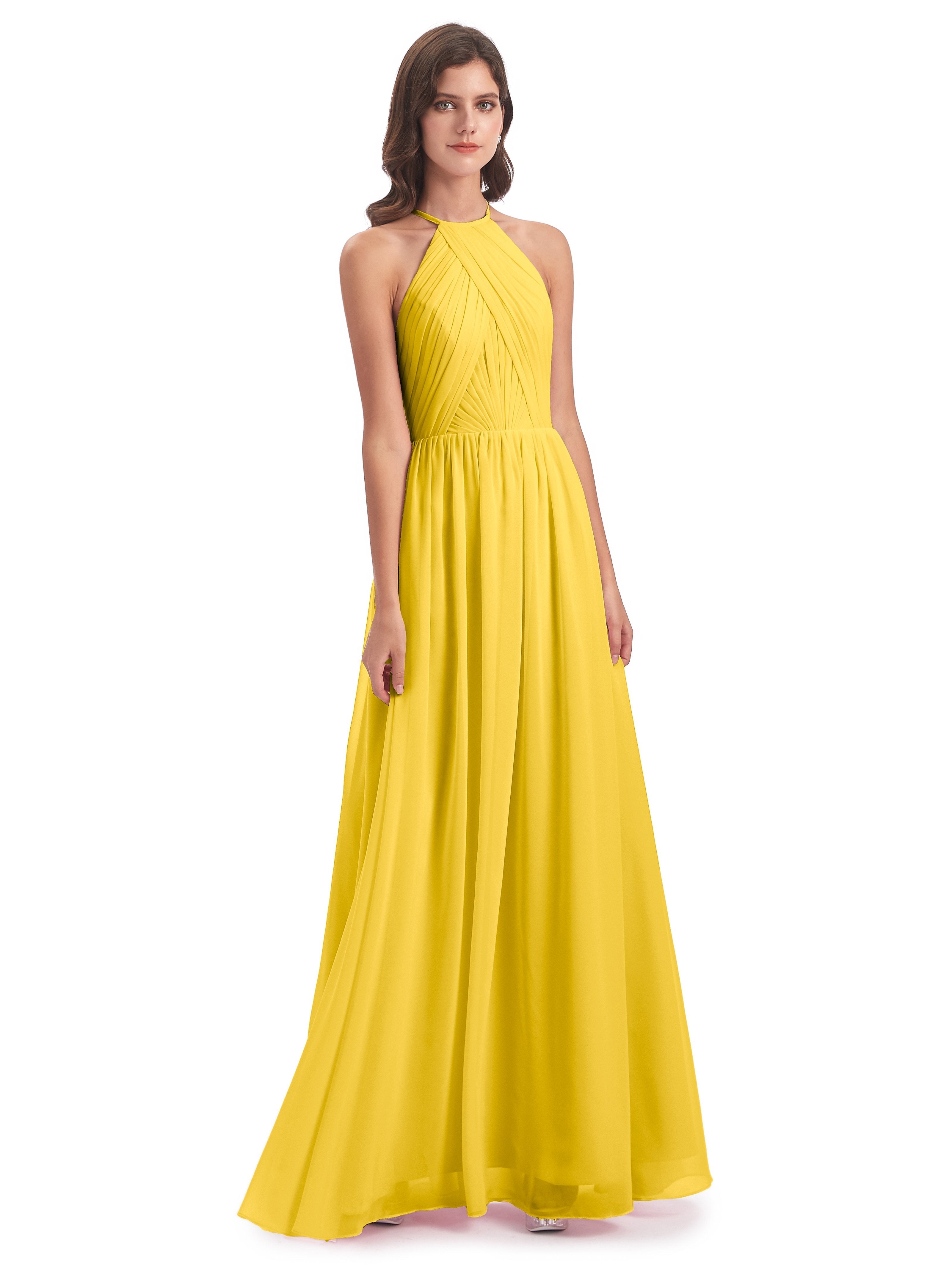 Marigold Bridesmaid Dress Mackenzie Elegant A-Line Halter Chiffon Brid