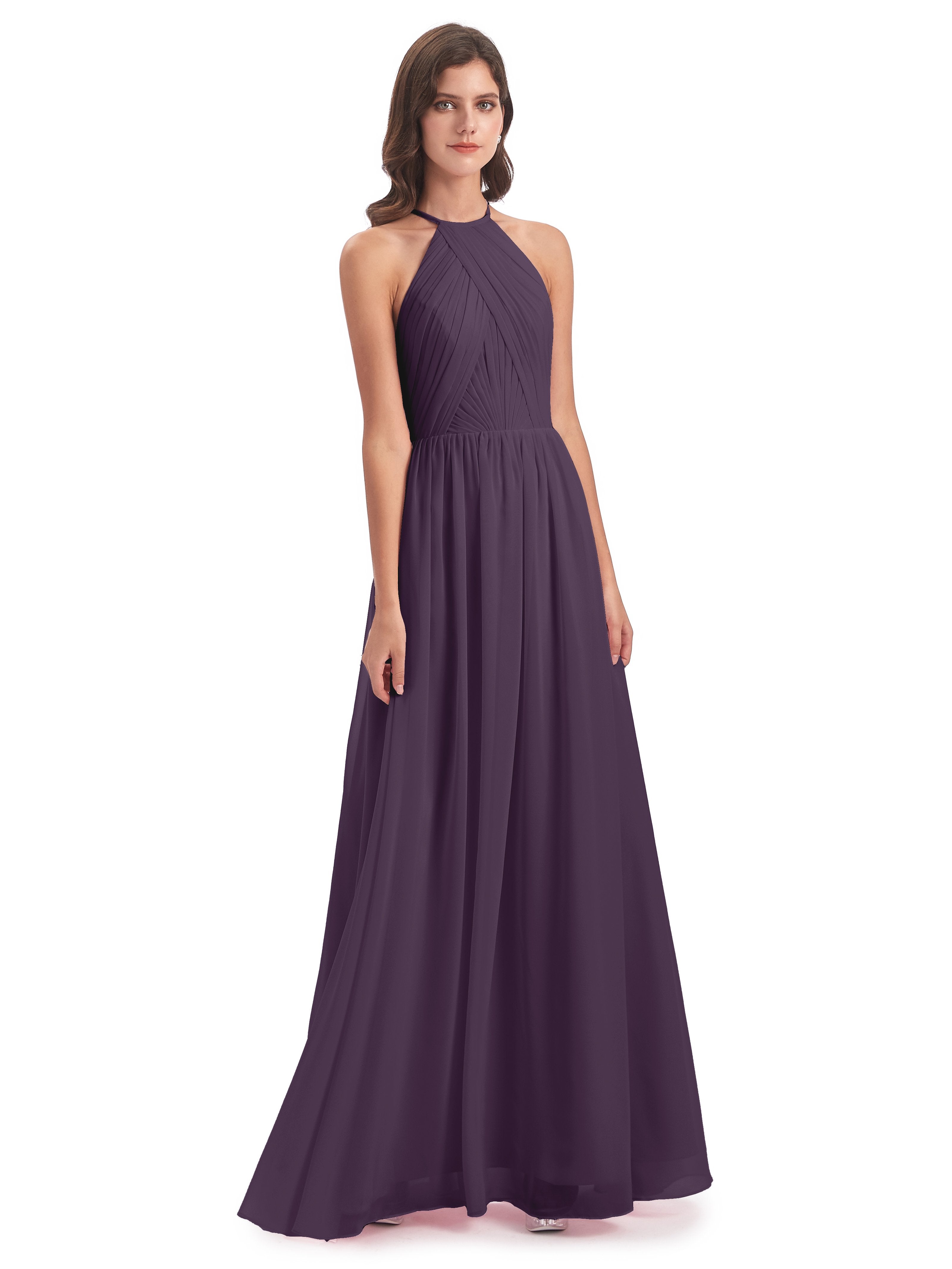 Deep Plum Bridesmaid Dresses Mackenzie Elegant A-Line Halter Chiffon B