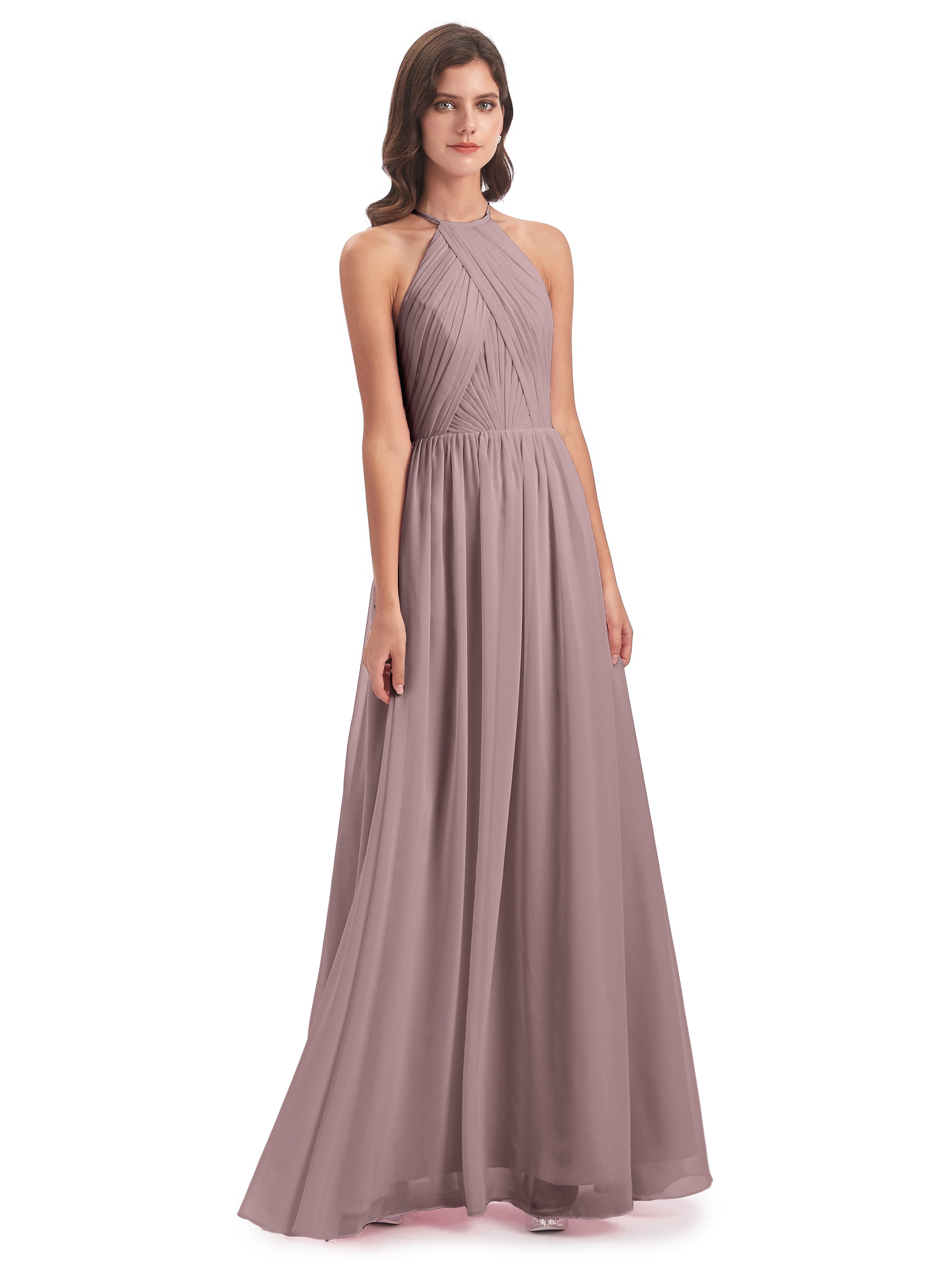 Vintage Mauve Bridesmaid Dress Mackenzie Elegant A-Line Halter Chiffon